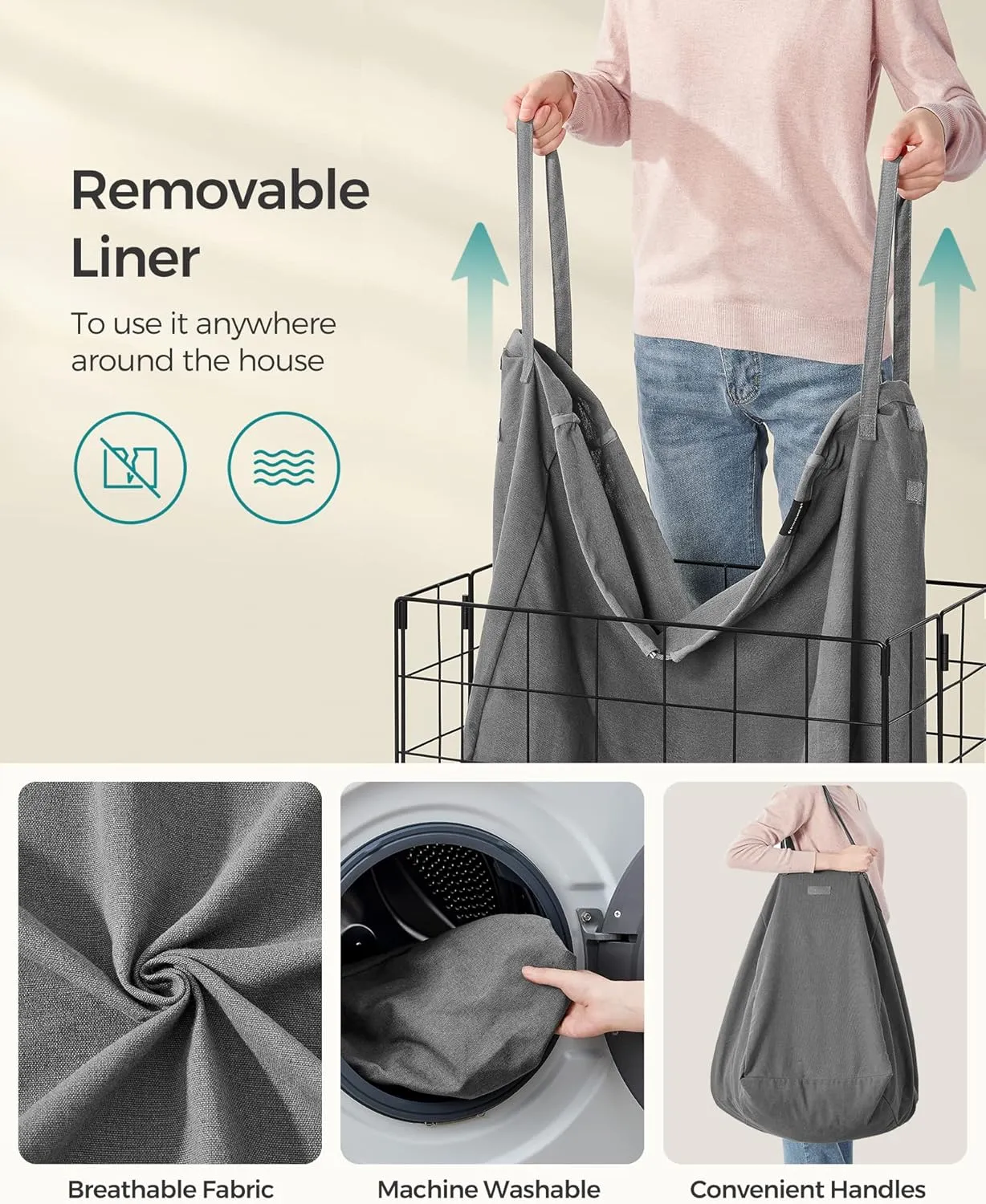 SONGMICS Laundry Hamper, 29 Gal. (110L) Laundry Basket, Collapsible Clothes Hamper, Removable and Washable Liner, Metal Wire Frame, for Bedroom Bathroom, Black and Gray ULCB111G01