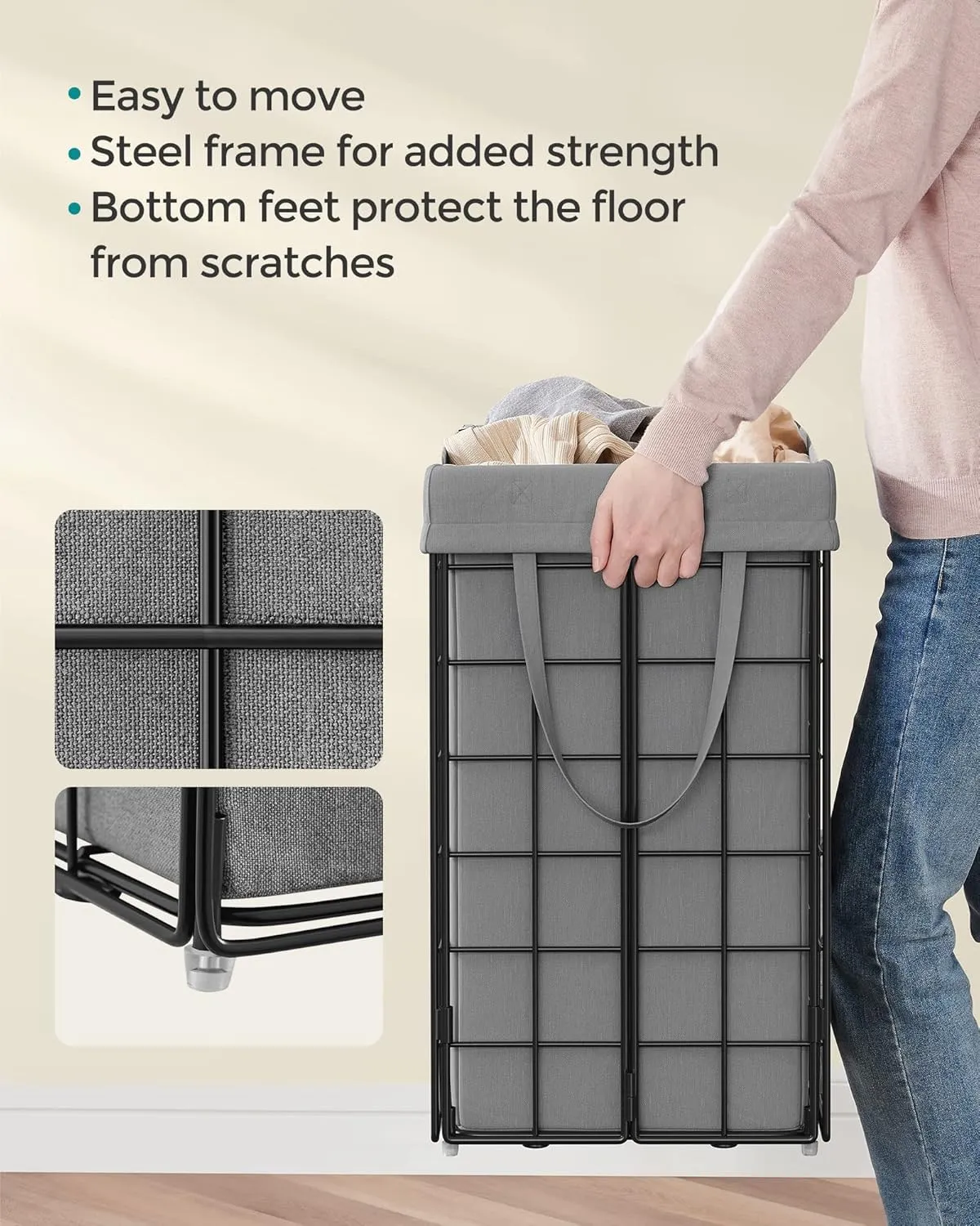 SONGMICS Laundry Hamper, 29 Gal. (110L) Laundry Basket, Collapsible Clothes Hamper, Removable and Washable Liner, Metal Wire Frame, for Bedroom Bathroom, Black and Gray ULCB111G01