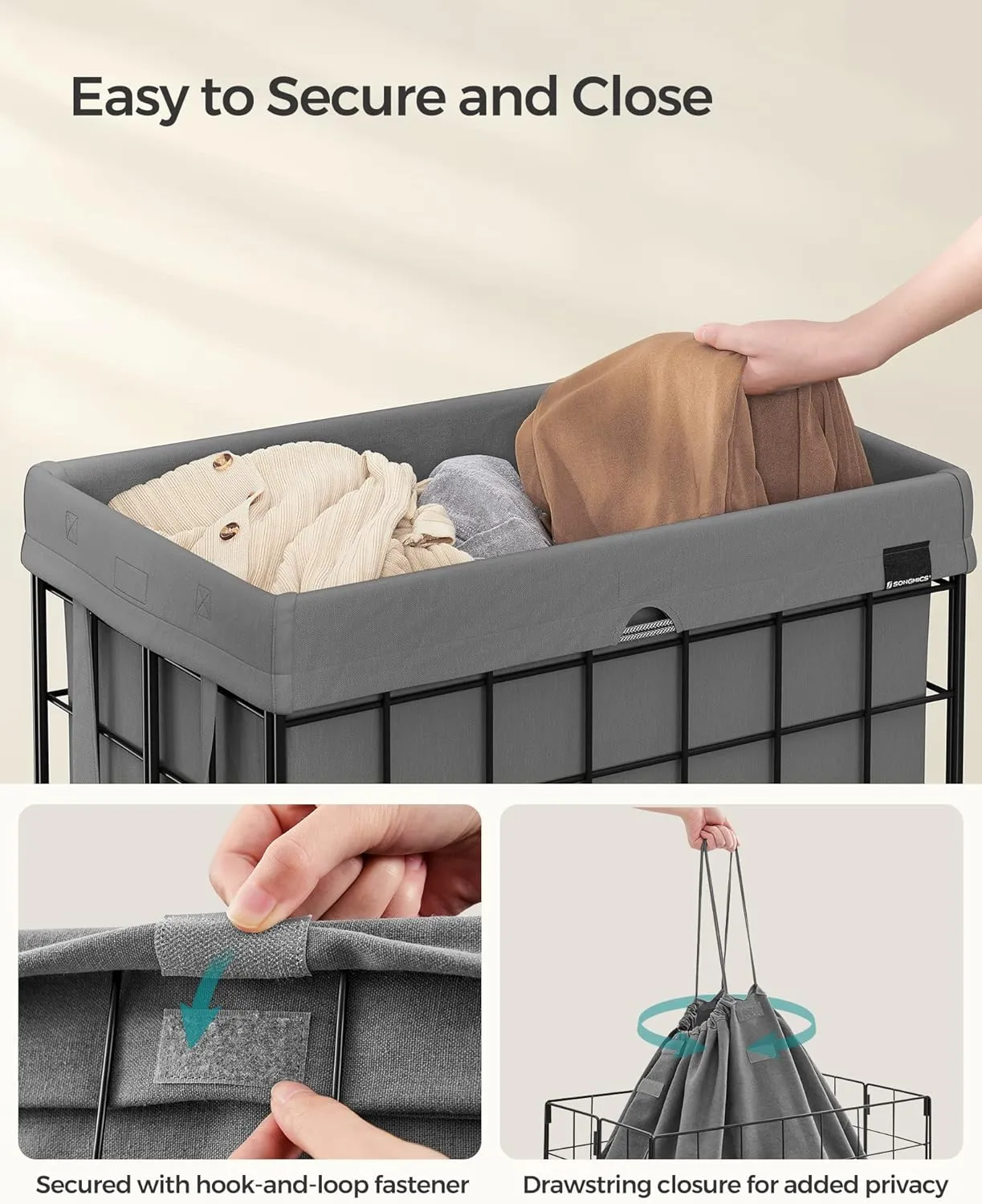 SONGMICS Laundry Hamper, 29 Gal. (110L) Laundry Basket, Collapsible Clothes Hamper, Removable and Washable Liner, Metal Wire Frame, for Bedroom Bathroom, Black and Gray ULCB111G01