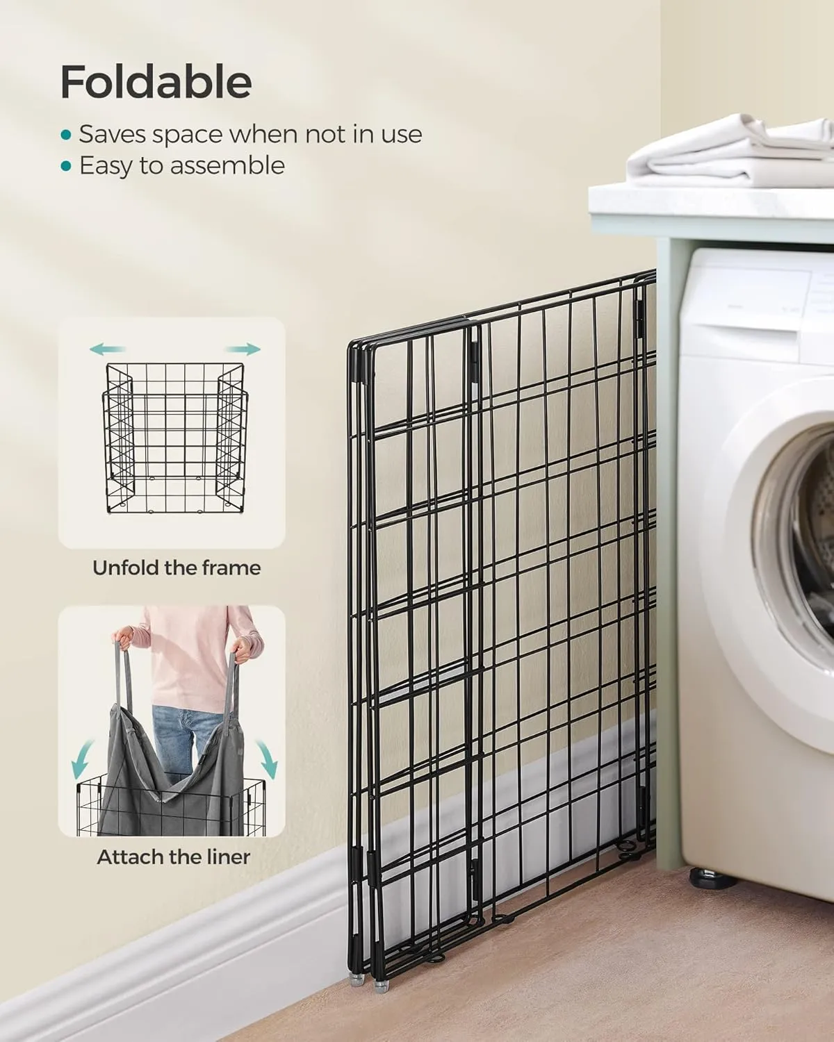SONGMICS Laundry Hamper, 29 Gal. (110L) Laundry Basket, Collapsible Clothes Hamper, Removable and Washable Liner, Metal Wire Frame, for Bedroom Bathroom, Black and Gray ULCB111G01