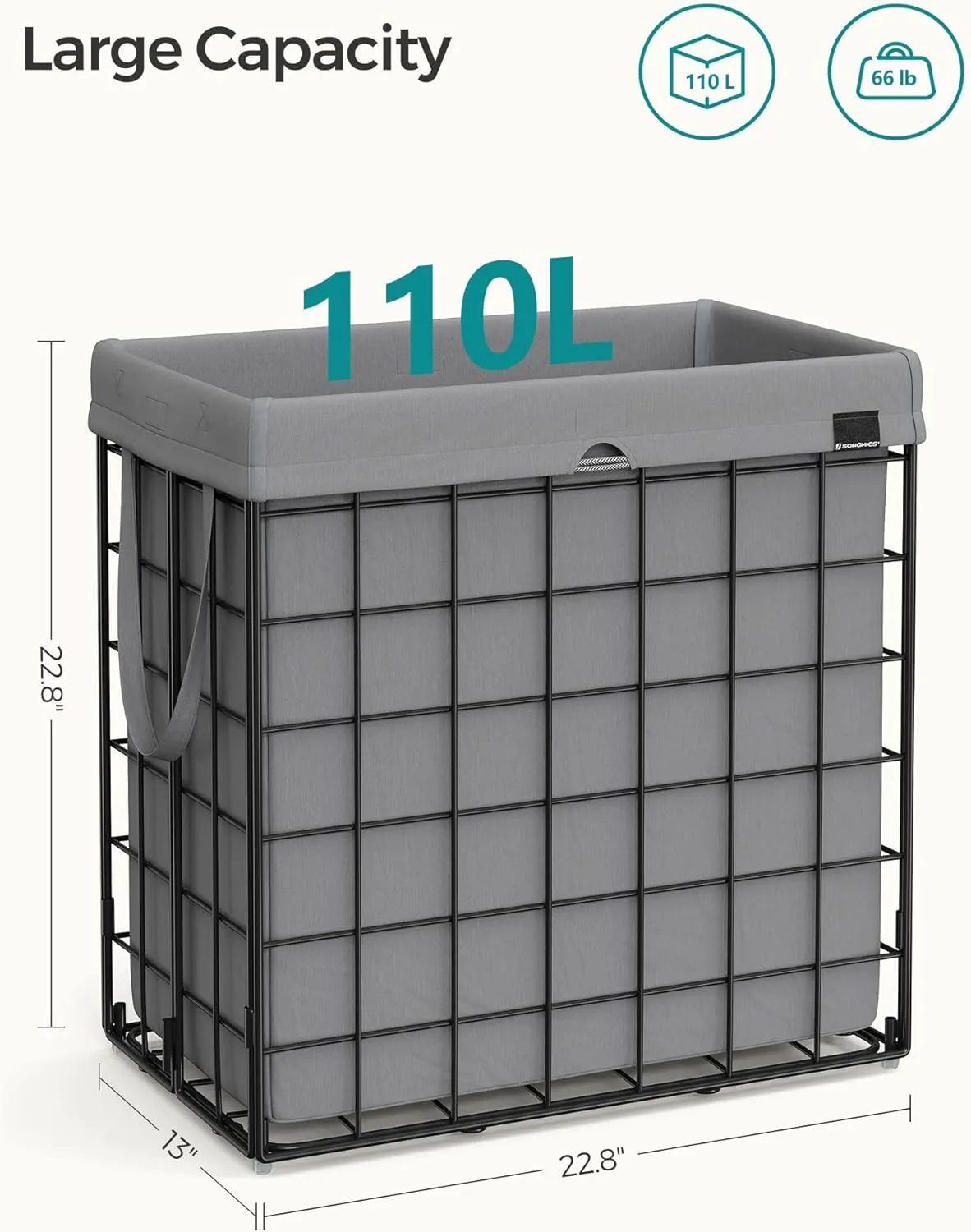 SONGMICS Laundry Hamper, 29 Gal. (110L) Laundry Basket, Collapsible Clothes Hamper, Removable and Washable Liner, Metal Wire Frame, for Bedroom Bathroom, Black and Gray ULCB111G01