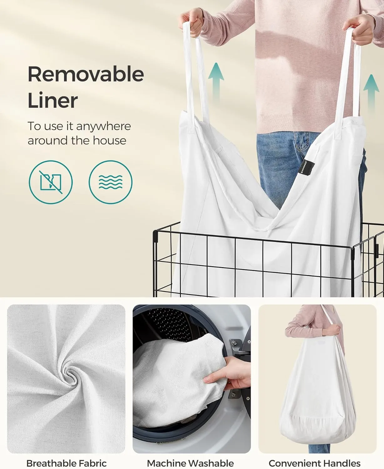 SONGMICS Laundry Hamper, 29 Gal. (110L) Laundry Basket, Collapsible Clothes Hamper, Removable and Washable Liner, Metal Wire Frame, for Bedroom Bathroom, Cream White ULCB111W01