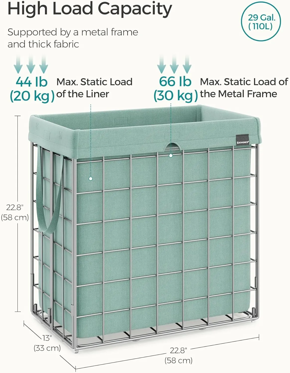 SONGMICS Laundry Hamper, 29 Gal. (110L) Laundry Basket, Collapsible Clothes Hamper, Removable and Washable Liner, Metal Wire Frame, for Bedroom Bathroom, Silver and Mint Green ULCB111C01