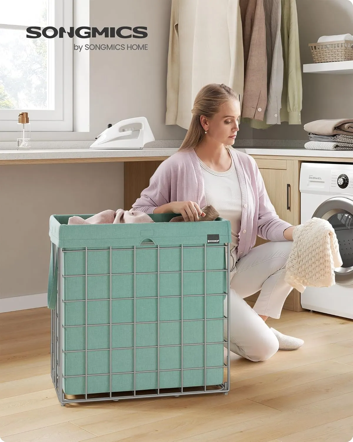 SONGMICS Laundry Hamper, 29 Gal. (110L) Laundry Basket, Collapsible Clothes Hamper, Removable and Washable Liner, Metal Wire Frame, for Bedroom Bathroom, Silver and Mint Green ULCB111C01