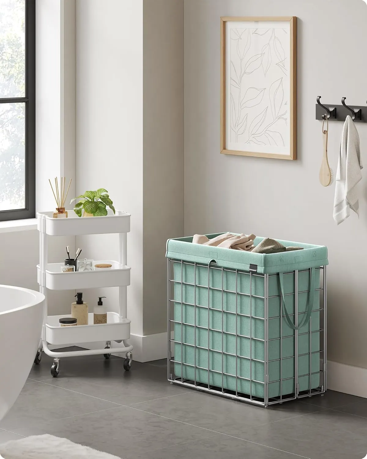 SONGMICS Laundry Hamper, 29 Gal. (110L) Laundry Basket, Collapsible Clothes Hamper, Removable and Washable Liner, Metal Wire Frame, for Bedroom Bathroom, Silver and Mint Green ULCB111C01
