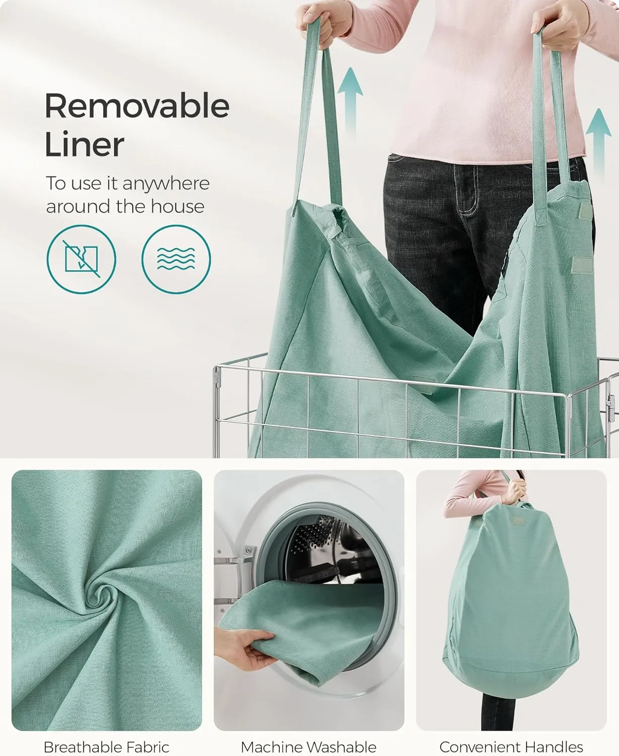 SONGMICS Laundry Hamper, 29 Gal. (110L) Laundry Basket, Collapsible Clothes Hamper, Removable and Washable Liner, Metal Wire Frame, for Bedroom Bathroom, Silver and Mint Green ULCB111C01