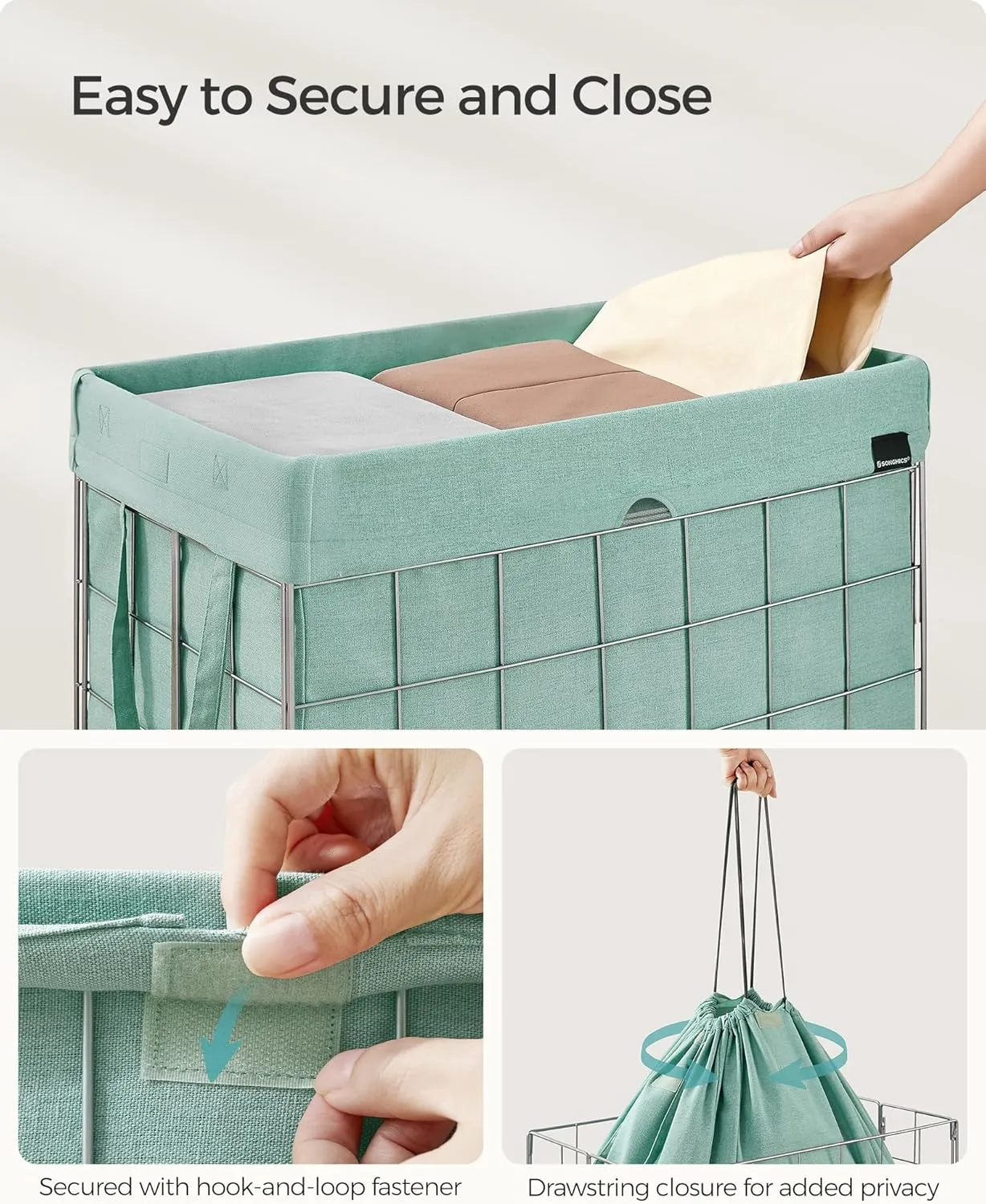 SONGMICS Laundry Hamper, 29 Gal. (110L) Laundry Basket, Collapsible Clothes Hamper, Removable and Washable Liner, Metal Wire Frame, for Bedroom Bathroom, Silver and Mint Green ULCB111C01