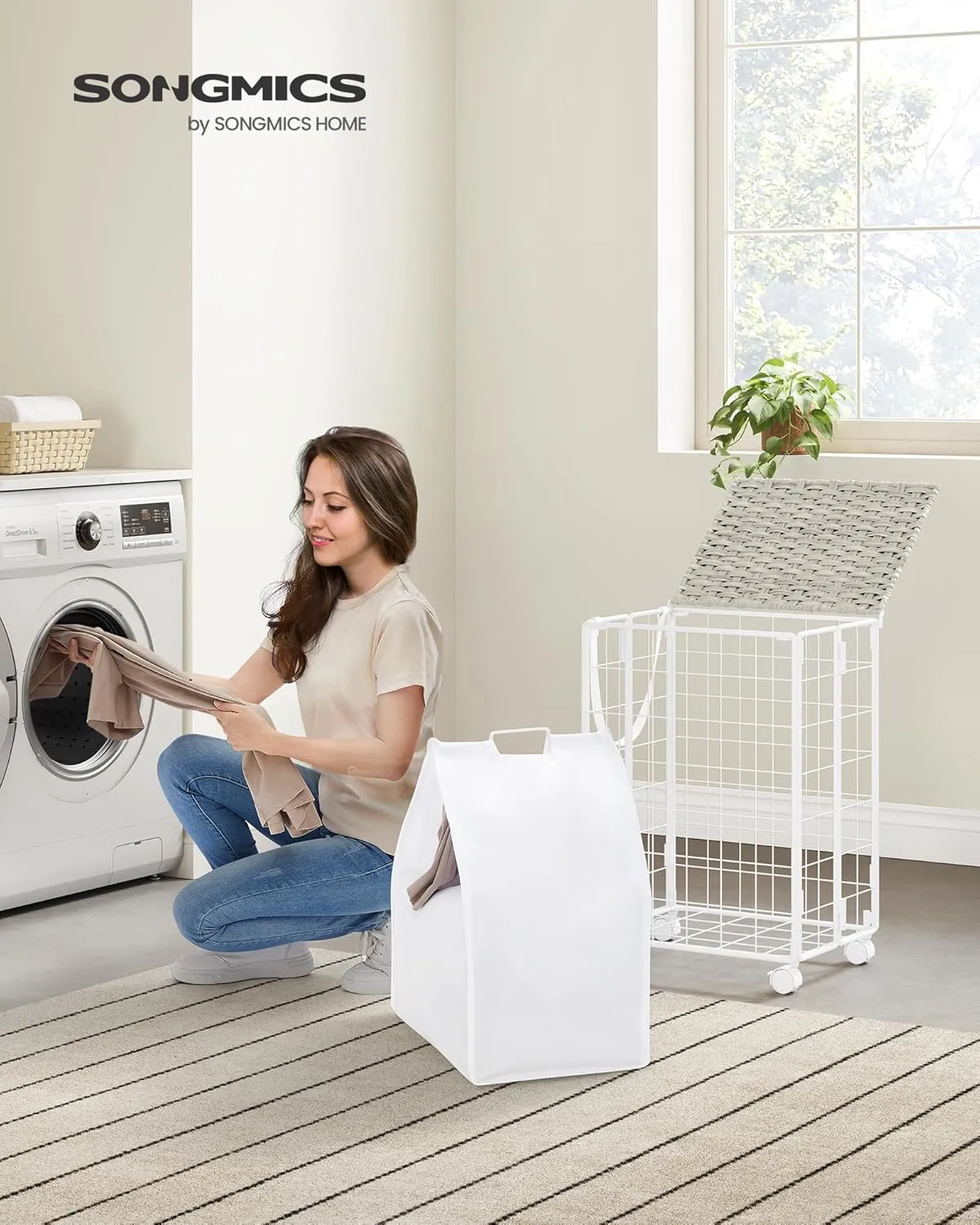 SONGMICS Laundry Hamper, 90L Laundry Basket with Lid, Clothes Hamper with Wheels, Collapsible Removable Liner Bag, Iron-Made Laundry Sorter, Cloud White ULCB290W01