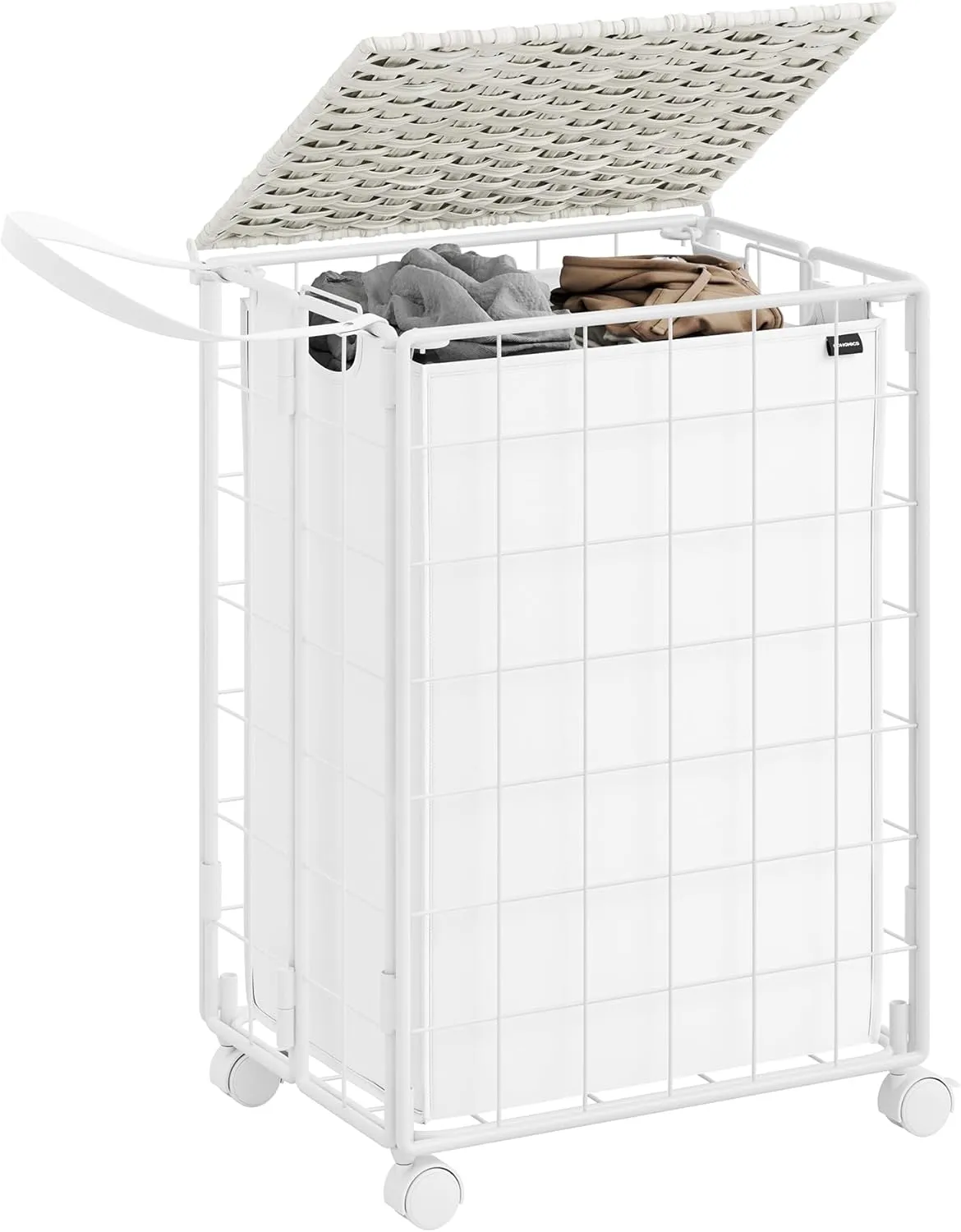 SONGMICS Laundry Hamper, 90L Laundry Basket with Lid, Clothes Hamper with Wheels, Collapsible Removable Liner Bag, Iron-Made Laundry Sorter, Cloud White ULCB290W01