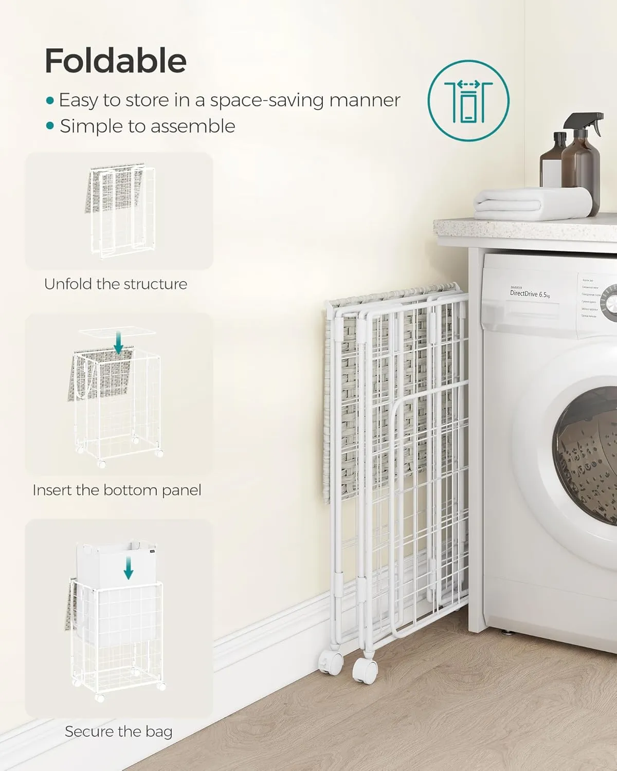 SONGMICS Laundry Hamper, 90L Laundry Basket with Lid, Clothes Hamper with Wheels, Collapsible Removable Liner Bag, Iron-Made Laundry Sorter, Cloud White ULCB290W01