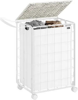 SONGMICS Laundry Hamper, 90L Laundry Basket with Lid, Clothes Hamper with Wheels, Collapsible Removable Liner Bag, Iron-Made Laundry Sorter, Cloud White ULCB290W01