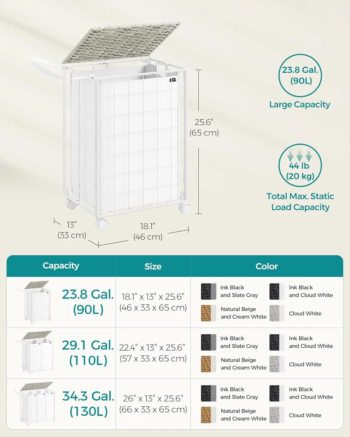 SONGMICS Laundry Hamper, 90L Laundry Basket with Lid, Clothes Hamper with Wheels, Collapsible Removable Liner Bag, Iron-Made Laundry Sorter, Cloud White ULCB290W01