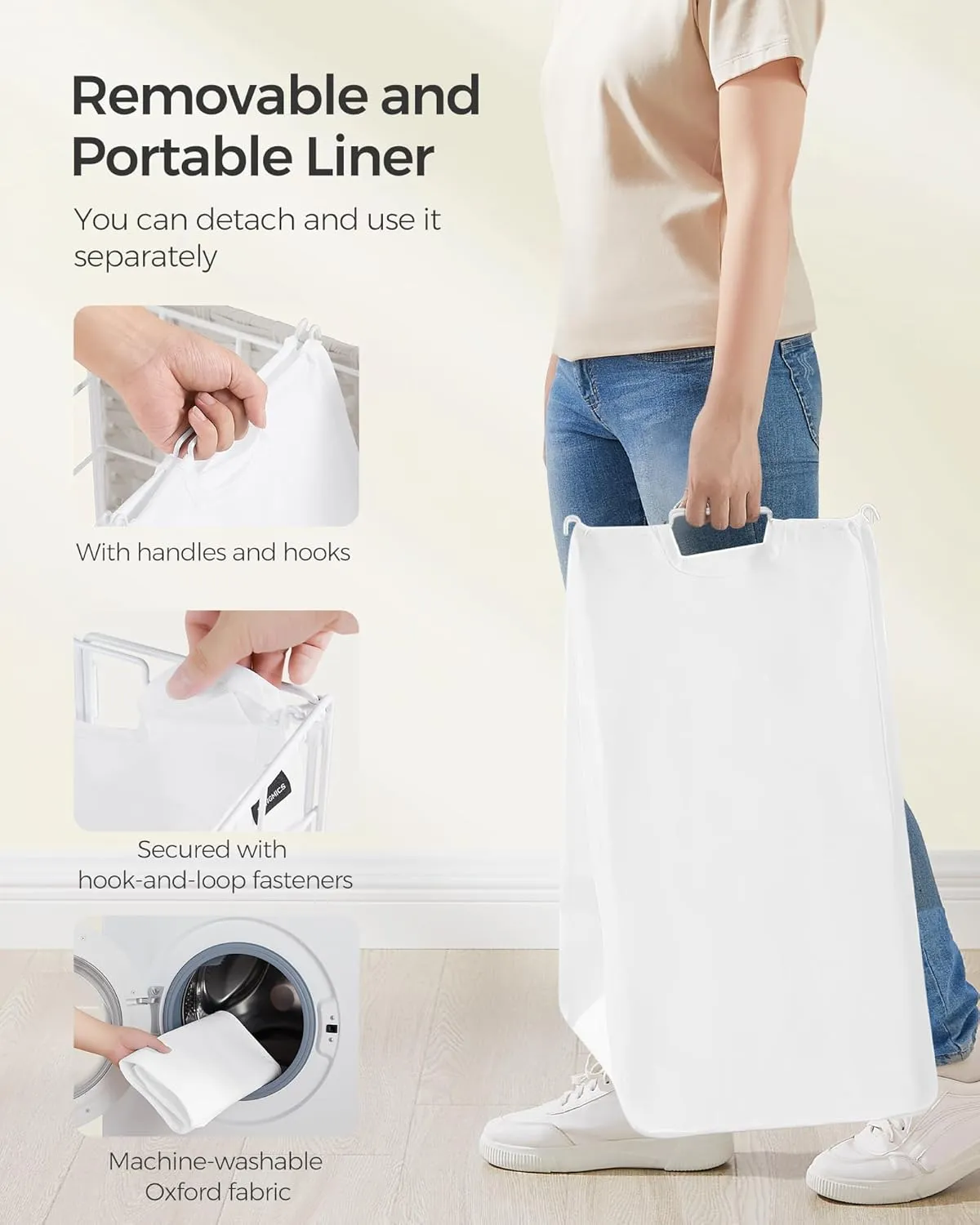 SONGMICS Laundry Hamper, 90L Laundry Basket with Lid, Clothes Hamper with Wheels, Collapsible Removable Liner Bag, Iron-Made Laundry Sorter, Cloud White ULCB290W01