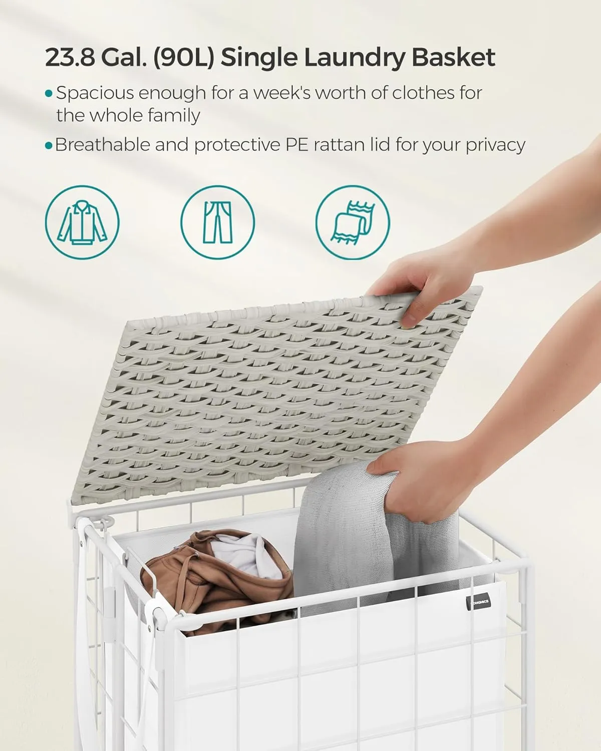 SONGMICS Laundry Hamper, 90L Laundry Basket with Lid, Clothes Hamper with Wheels, Collapsible Removable Liner Bag, Iron-Made Laundry Sorter, Cloud White ULCB290W01