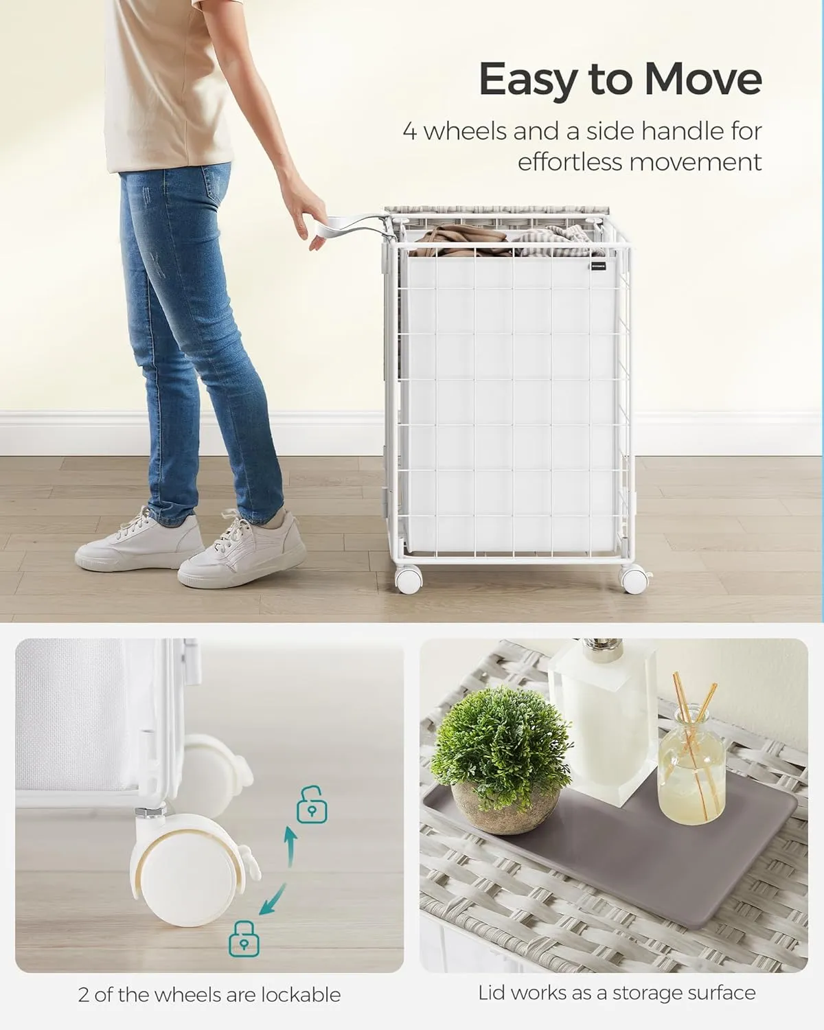 SONGMICS Laundry Hamper, 90L Laundry Basket with Lid, Clothes Hamper with Wheels, Collapsible Removable Liner Bag, Iron-Made Laundry Sorter, Cloud White ULCB290W01