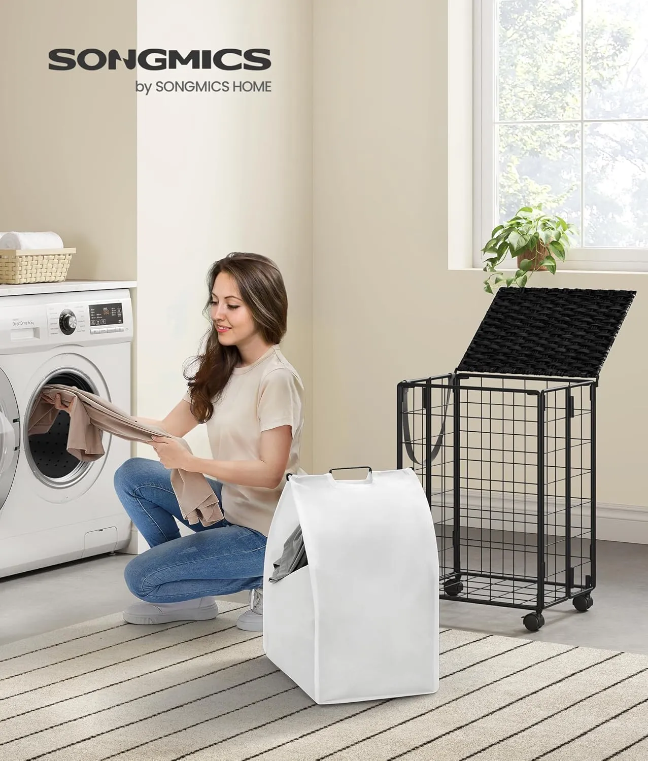 SONGMICS Laundry Hamper, 90L Laundry Basket with Lid, Clothes Hamper with Wheels, Collapsible Removable Liner Bag, Iron-Made Laundry Sorter, Ink Black and Cloud White ULCB290B12