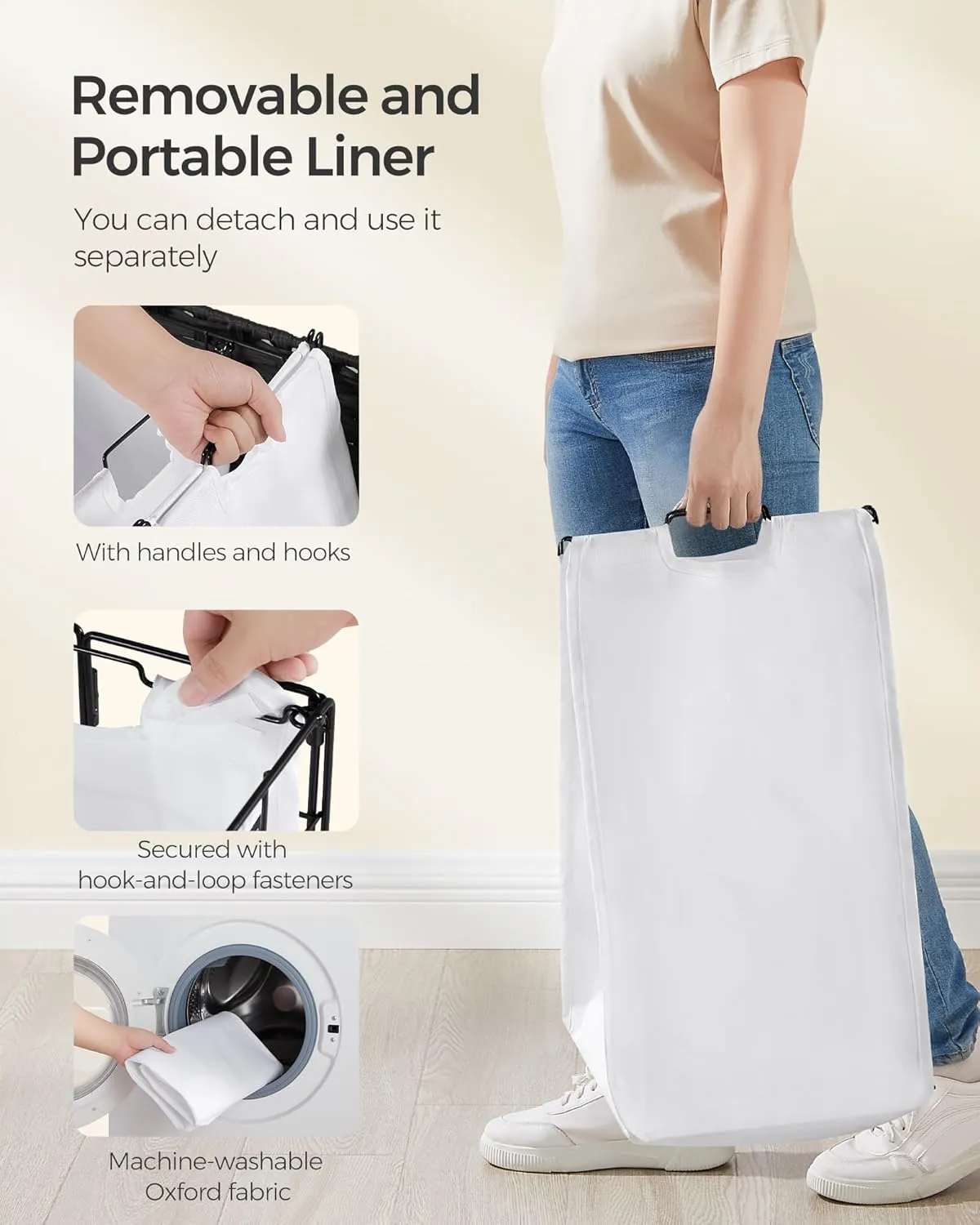 SONGMICS Laundry Hamper, 90L Laundry Basket with Lid, Clothes Hamper with Wheels, Collapsible Removable Liner Bag, Iron-Made Laundry Sorter, Ink Black and Cloud White ULCB290B12