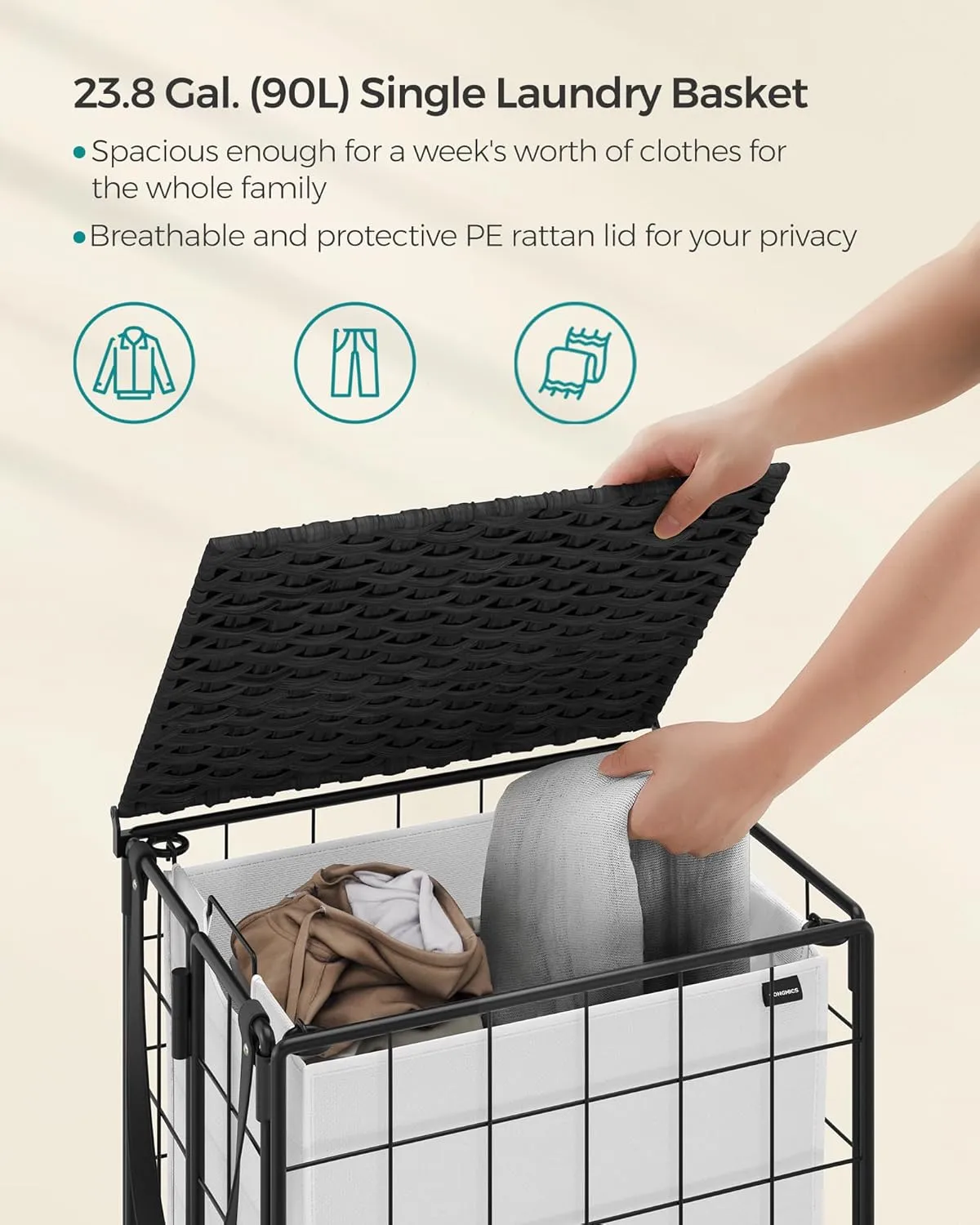 SONGMICS Laundry Hamper, 90L Laundry Basket with Lid, Clothes Hamper with Wheels, Collapsible Removable Liner Bag, Iron-Made Laundry Sorter, Ink Black and Cloud White ULCB290B12
