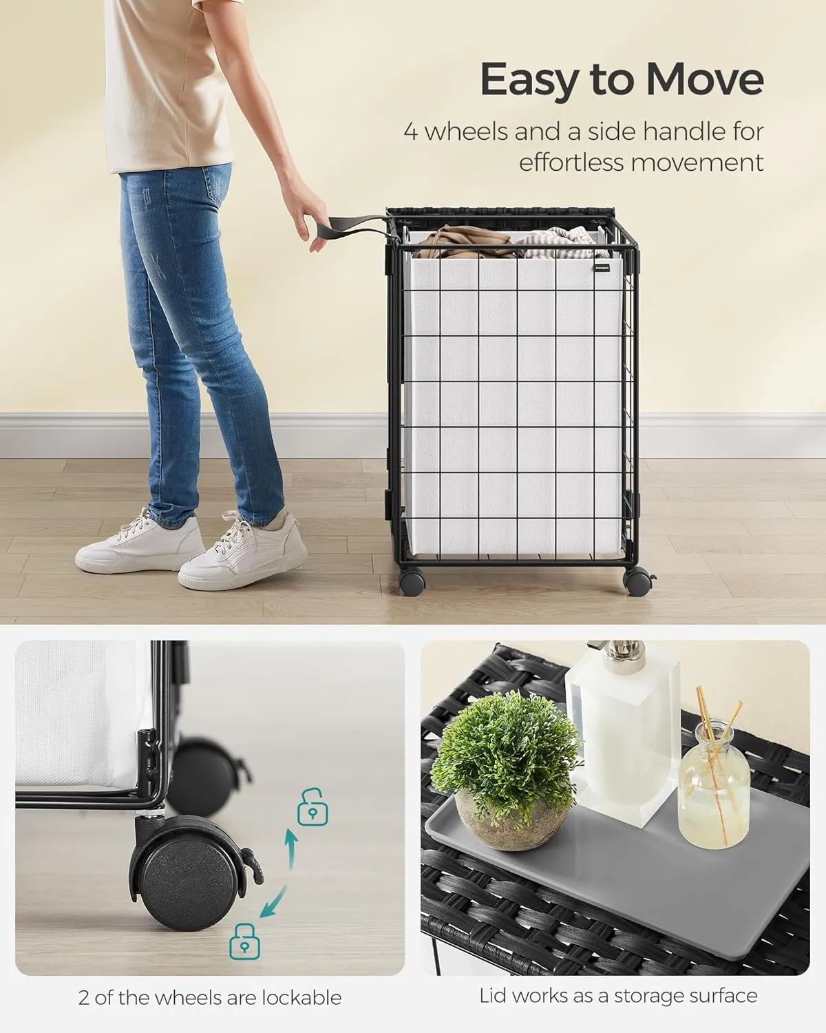 SONGMICS Laundry Hamper, 90L Laundry Basket with Lid, Clothes Hamper with Wheels, Collapsible Removable Liner Bag, Iron-Made Laundry Sorter, Ink Black and Cloud White ULCB290B12