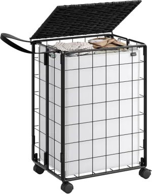 SONGMICS Laundry Hamper, 90L Laundry Basket with Lid, Clothes Hamper with Wheels, Collapsible Removable Liner Bag, Iron-Made Laundry Sorter, Ink Black and Cloud White ULCB290B12