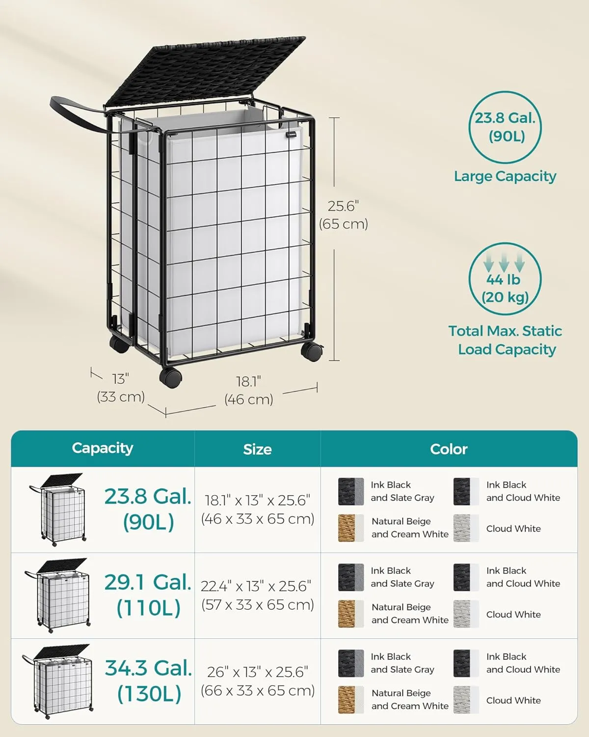 SONGMICS Laundry Hamper, 90L Laundry Basket with Lid, Clothes Hamper with Wheels, Collapsible Removable Liner Bag, Iron-Made Laundry Sorter, Ink Black and Cloud White ULCB290B12