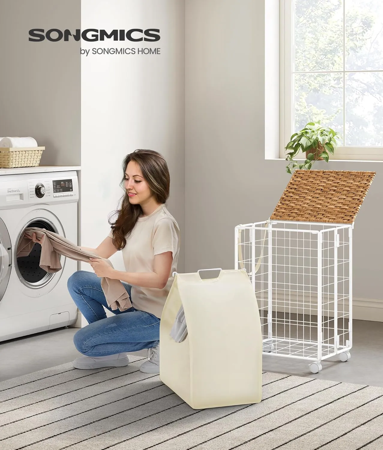 SONGMICS Laundry Hamper, 90L Laundry Basket with Lid, Clothes Hamper with Wheels, Collapsible Removable Liner Bag, Iron-Made Laundry Sorter, Natural Beige and Cream White ULCB290N01