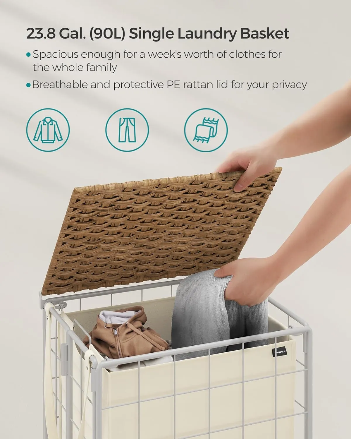 SONGMICS Laundry Hamper, 90L Laundry Basket with Lid, Clothes Hamper with Wheels, Collapsible Removable Liner Bag, Iron-Made Laundry Sorter, Natural Beige and Cream White ULCB290N01