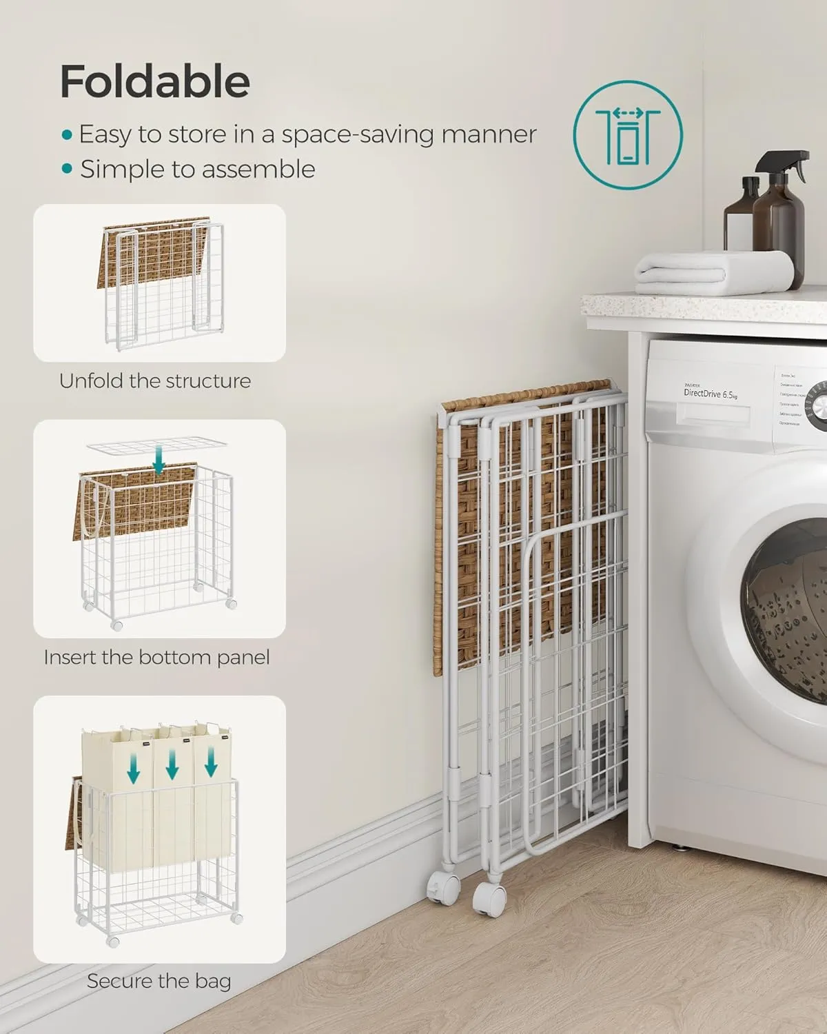 SONGMICS Laundry Hamper, 90L Laundry Basket with Lid, Clothes Hamper with Wheels, Collapsible Removable Liner Bag, Iron-Made Laundry Sorter, Natural Beige and Cream White ULCB290N01