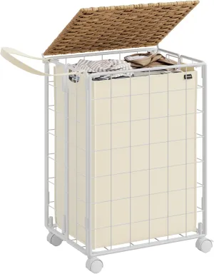 SONGMICS Laundry Hamper, 90L Laundry Basket with Lid, Clothes Hamper with Wheels, Collapsible Removable Liner Bag, Iron-Made Laundry Sorter, Natural Beige and Cream White ULCB290N01