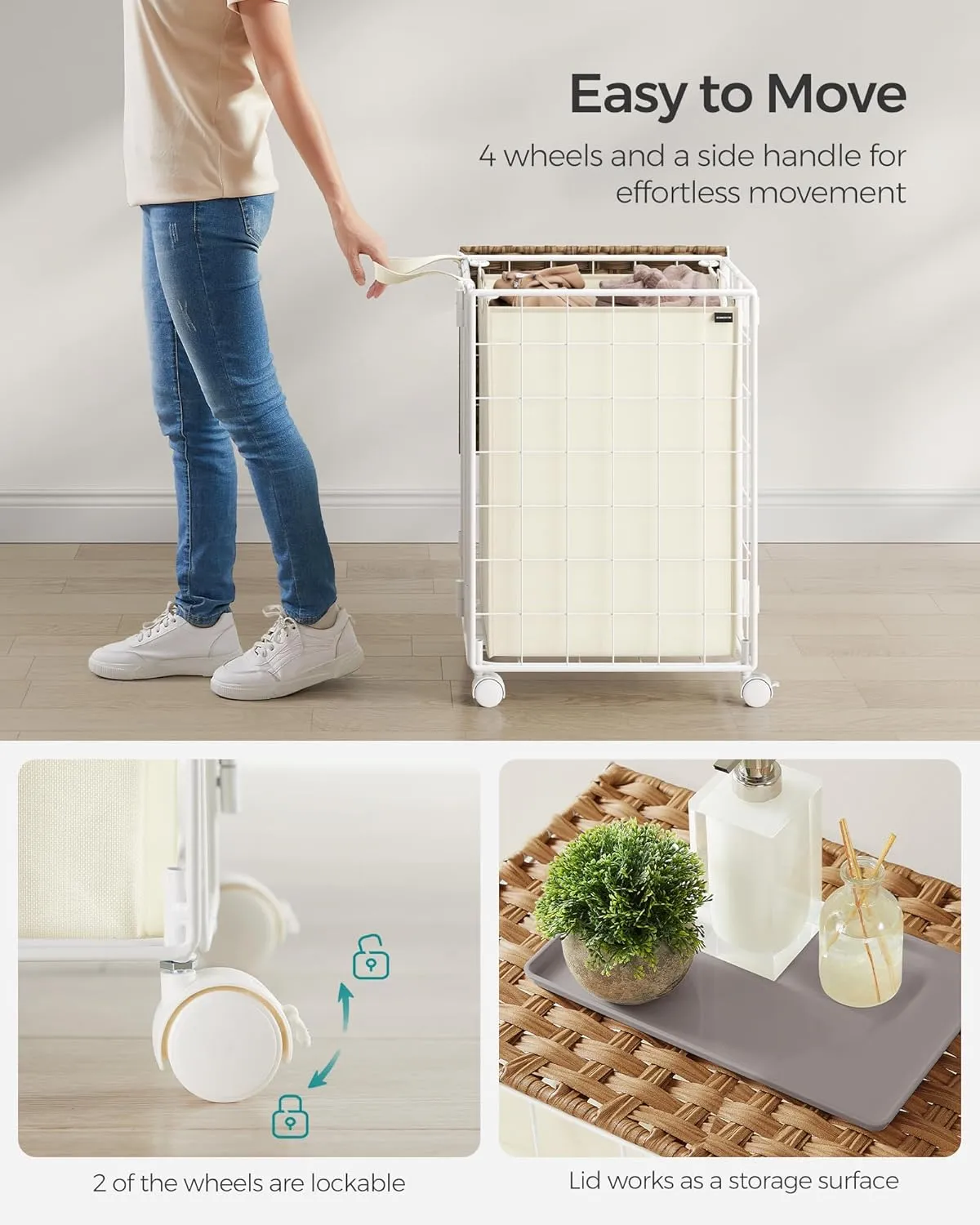 SONGMICS Laundry Hamper, 90L Laundry Basket with Lid, Clothes Hamper with Wheels, Collapsible Removable Liner Bag, Iron-Made Laundry Sorter, Natural Beige and Cream White ULCB290N01