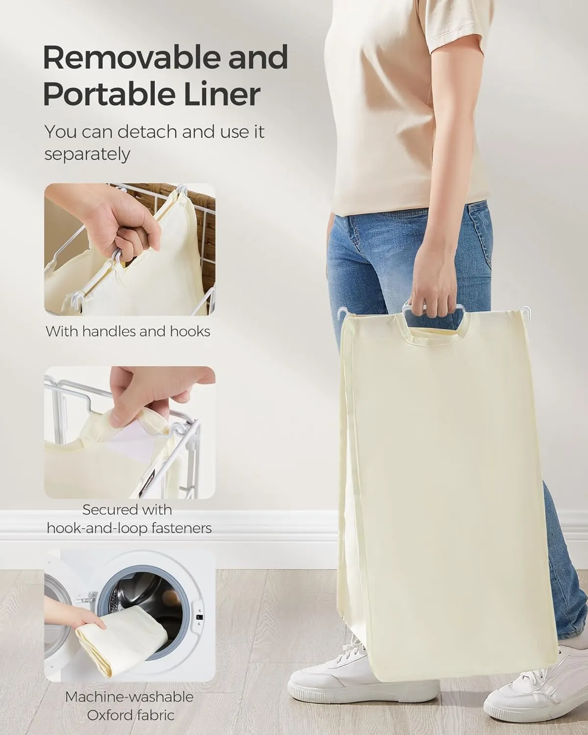 SONGMICS Laundry Hamper, 90L Laundry Basket with Lid, Clothes Hamper with Wheels, Collapsible Removable Liner Bag, Iron-Made Laundry Sorter, Natural Beige and Cream White ULCB290N01