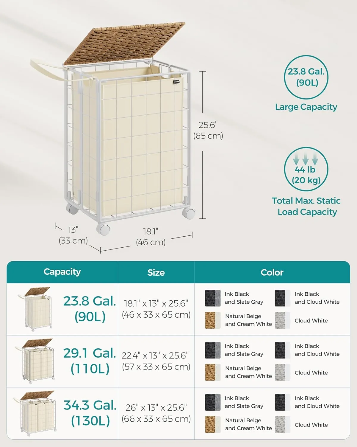 SONGMICS Laundry Hamper, 90L Laundry Basket with Lid, Clothes Hamper with Wheels, Collapsible Removable Liner Bag, Iron-Made Laundry Sorter, Natural Beige and Cream White ULCB290N01