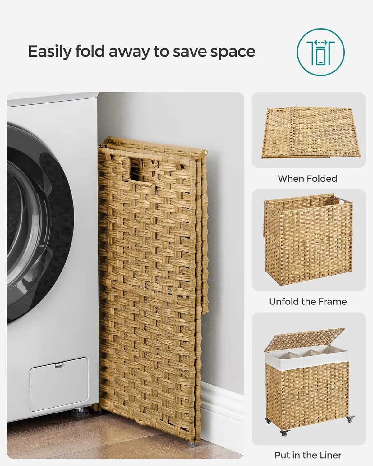 SONGMICS Laundry Hamper with Lid, 37 Gallons (140 L), Rolling Laundry Basket with Wheels, 3-Section Synthetic Rattan, Removable Liner, Bedroom, 26 x 13 x 26 Inches, Natural ULCB363N01