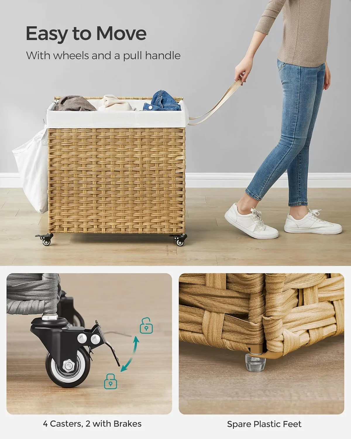 SONGMICS Laundry Hamper with Lid, 37 Gallons (140 L), Rolling Laundry Basket with Wheels, 3-Section Synthetic Rattan, Removable Liner, Bedroom, 26 x 13 x 26 Inches, Natural ULCB363N01