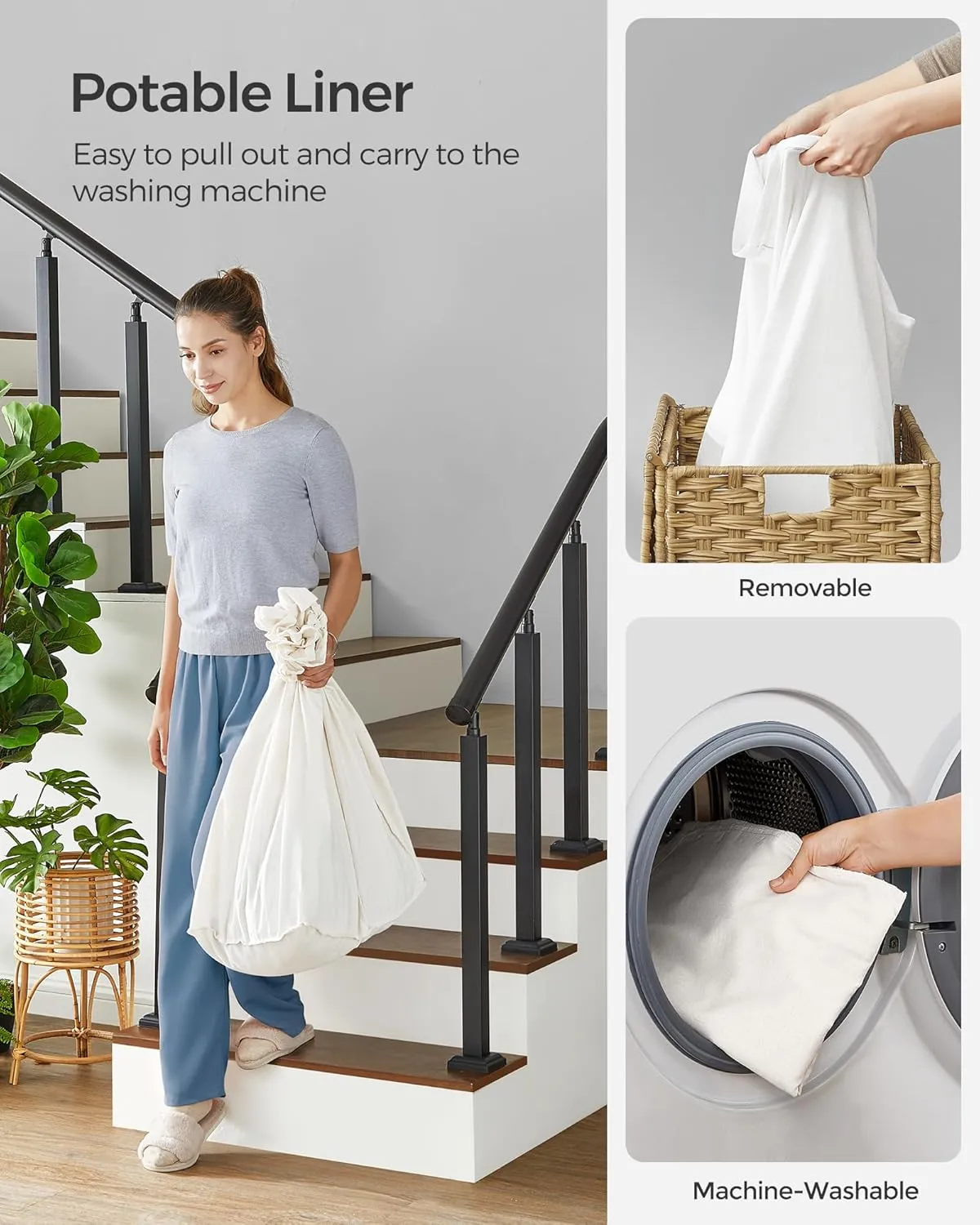 SONGMICS Laundry Hamper with Lid, 37 Gallons (140 L), Rolling Laundry Basket with Wheels, 3-Section Synthetic Rattan, Removable Liner, Bedroom, 26 x 13 x 26 Inches, Natural ULCB363N01