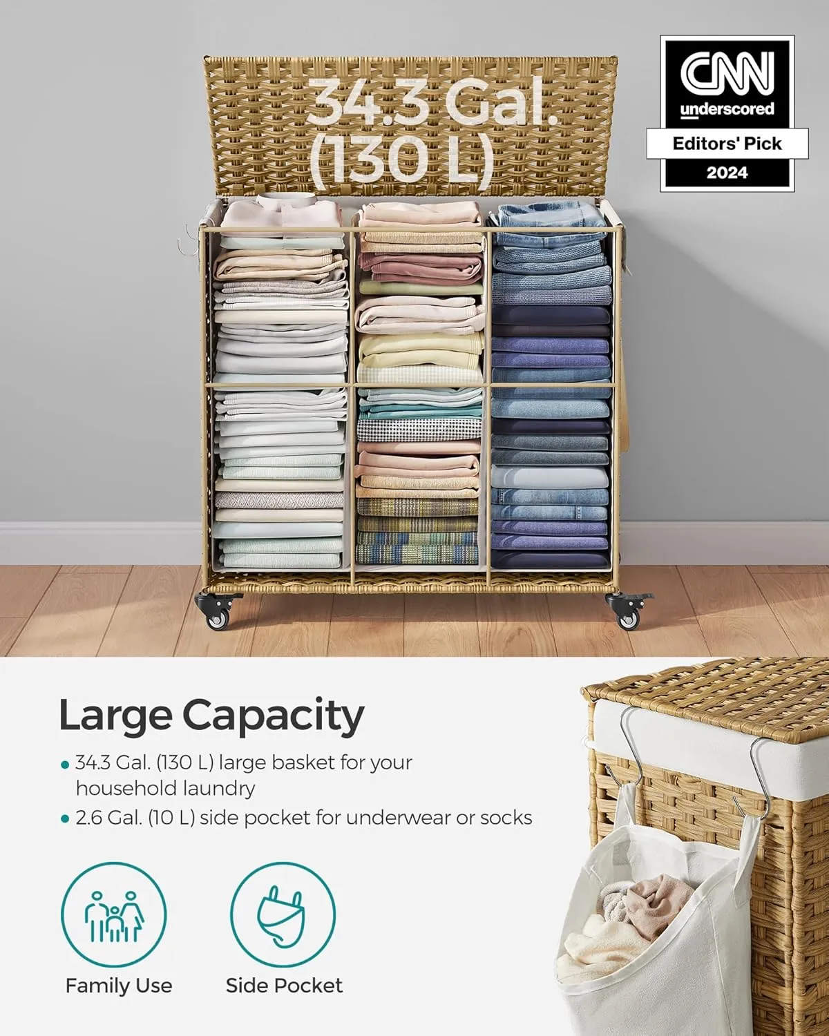 SONGMICS Laundry Hamper with Lid, 37 Gallons (140 L), Rolling Laundry Basket with Wheels, 3-Section Synthetic Rattan, Removable Liner, Bedroom, 26 x 13 x 26 Inches, Natural ULCB363N01
