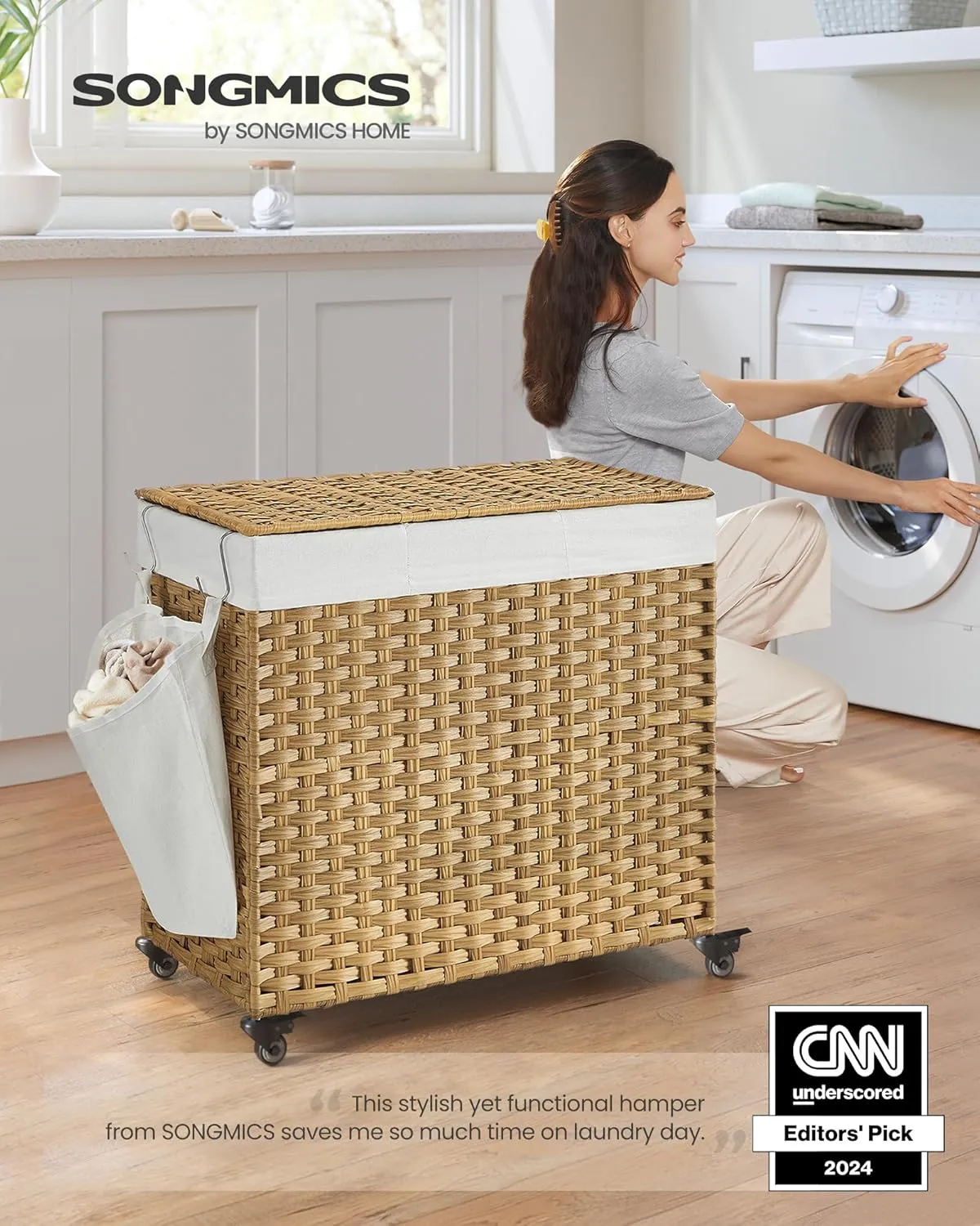 SONGMICS Laundry Hamper with Lid, 37 Gallons (140 L), Rolling Laundry Basket with Wheels, 3-Section Synthetic Rattan, Removable Liner, Bedroom, 26 x 13 x 26 Inches, Natural ULCB363N01