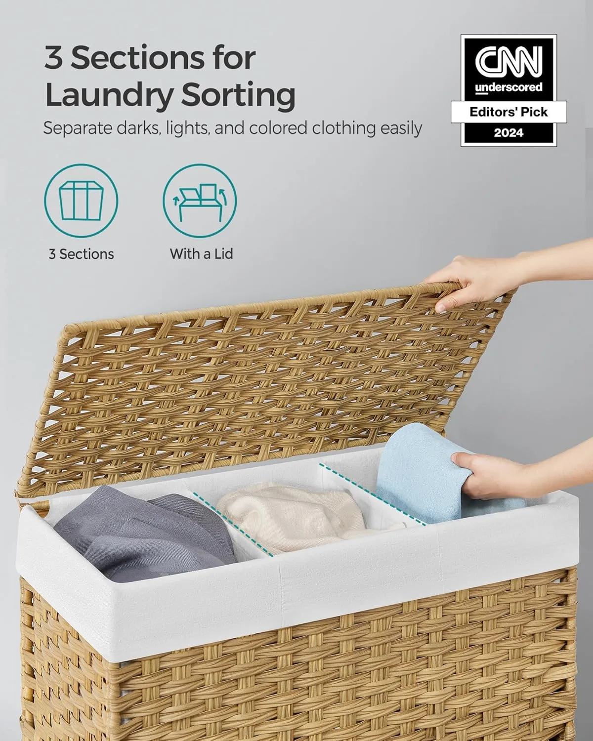 SONGMICS Laundry Hamper with Lid, 37 Gallons (140 L), Rolling Laundry Basket with Wheels, 3-Section Synthetic Rattan, Removable Liner, Bedroom, 26 x 13 x 26 Inches, Natural ULCB363N01