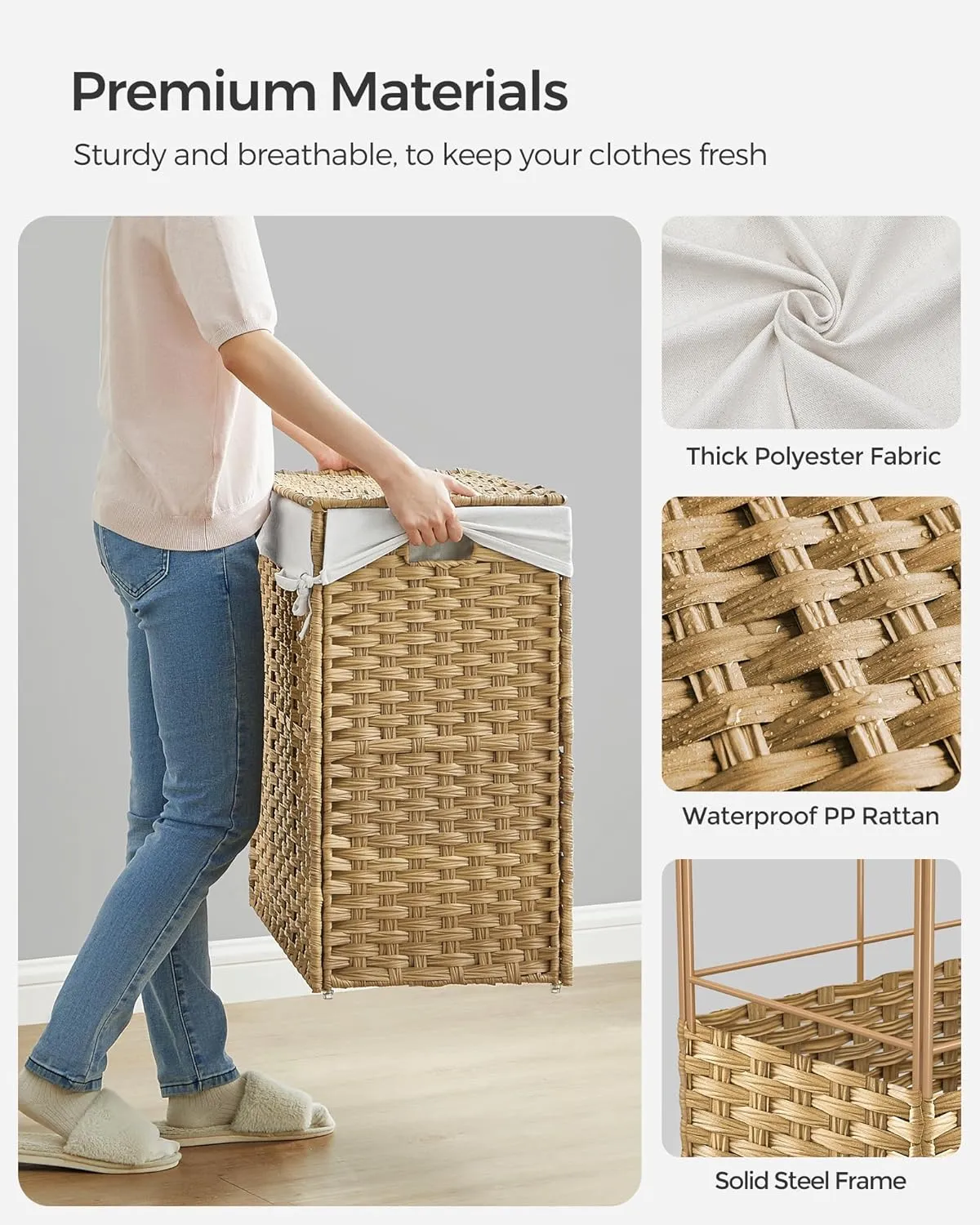 SONGMICS Laundry Hamper with Lid, 37 Gallons (140 L), Rolling Laundry Basket with Wheels, 3-Section Synthetic Rattan, Removable Liner, Bedroom, 26 x 13 x 26 Inches, Natural ULCB363N01