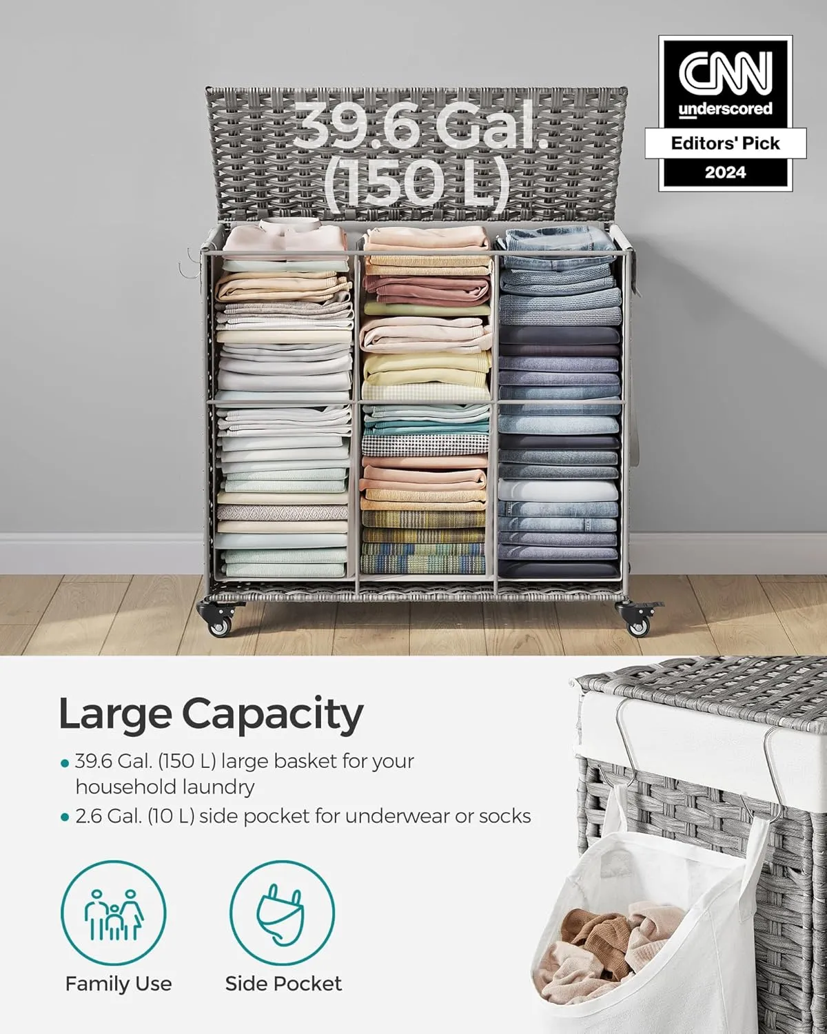 SONGMICS Laundry Hamper with Lid, 42.3 Gallons (160 L), Rolling Laundry Basket with Wheels, 3-Section Synthetic Rattan, Removable Liner, Bedroom, 27.6 x 14.2 x 26 Inches, Gray ULCB365G01