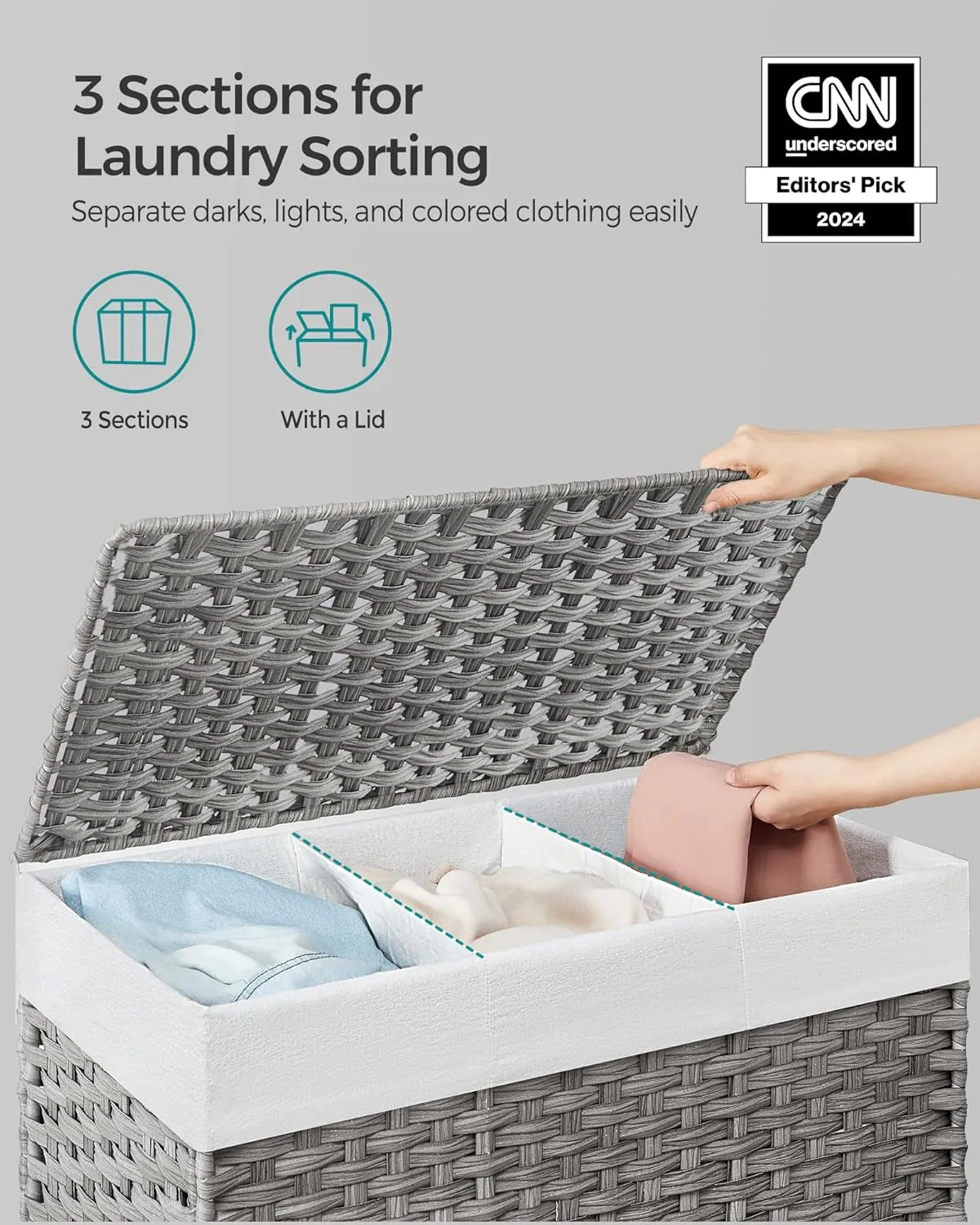 SONGMICS Laundry Hamper with Lid, 42.3 Gallons (160 L), Rolling Laundry Basket with Wheels, 3-Section Synthetic Rattan, Removable Liner, Bedroom, 27.6 x 14.2 x 26 Inches, Gray ULCB365G01