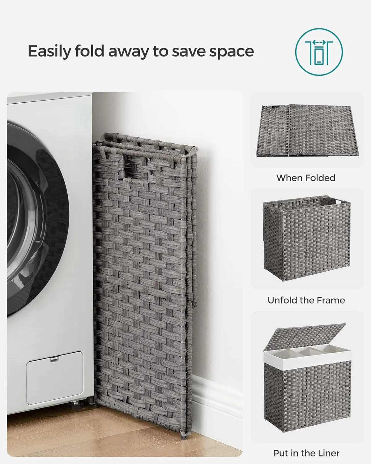 SONGMICS Laundry Hamper with Lid, 42.3 Gallons (160 L), Rolling Laundry Basket with Wheels, 3-Section Synthetic Rattan, Removable Liner, Bedroom, 27.6 x 14.2 x 26 Inches, Gray ULCB365G01