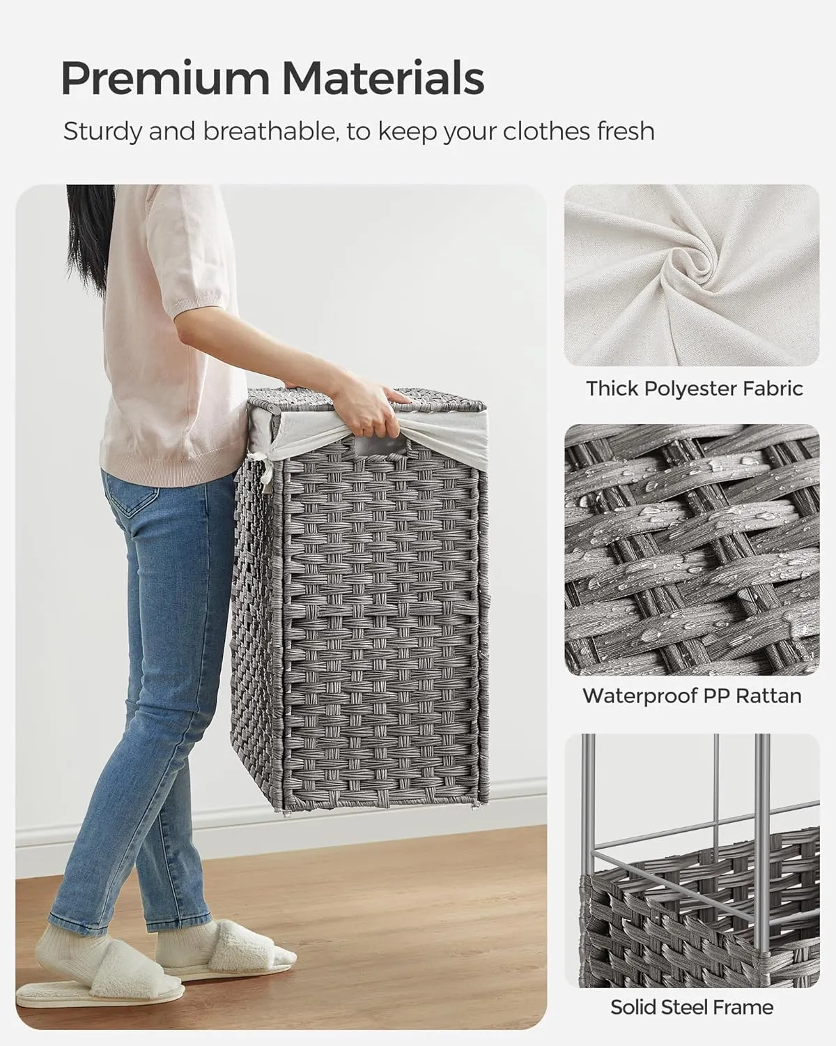 SONGMICS Laundry Hamper with Lid, 42.3 Gallons (160 L), Rolling Laundry Basket with Wheels, 3-Section Synthetic Rattan, Removable Liner, Bedroom, 27.6 x 14.2 x 26 Inches, Gray ULCB365G01