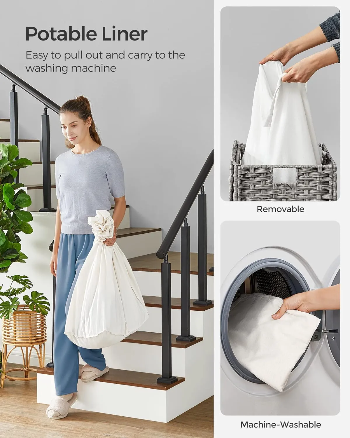 SONGMICS Laundry Hamper with Lid, 42.3 Gallons (160 L), Rolling Laundry Basket with Wheels, 3-Section Synthetic Rattan, Removable Liner, Bedroom, 27.6 x 14.2 x 26 Inches, Gray ULCB365G01