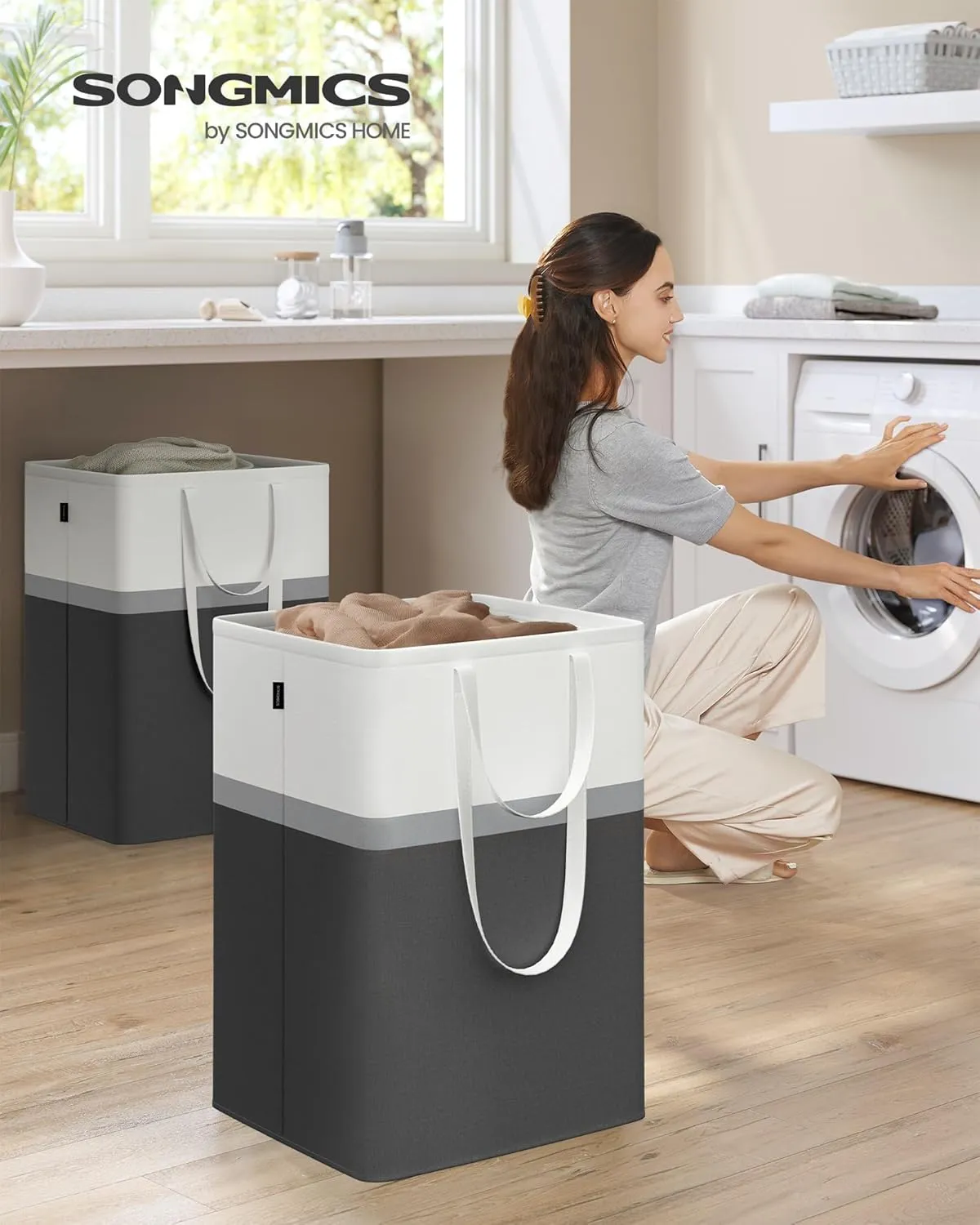 SONGMICS Set of 2 Laundry Basket, 110 L Foldable Laundry Hamper, Clothes Hamper Bag with Short and Long Handles, Easy to Transport and Clean, Freestanding, for Bedroom, Bathroom, Ink Black ULCB210B01