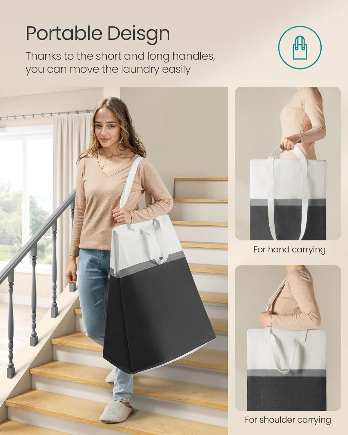 SONGMICS Set of 2 Laundry Basket, 110 L Foldable Laundry Hamper, Clothes Hamper Bag with Short and Long Handles, Easy to Transport and Clean, Freestanding, for Bedroom, Bathroom, Ink Black ULCB210B01