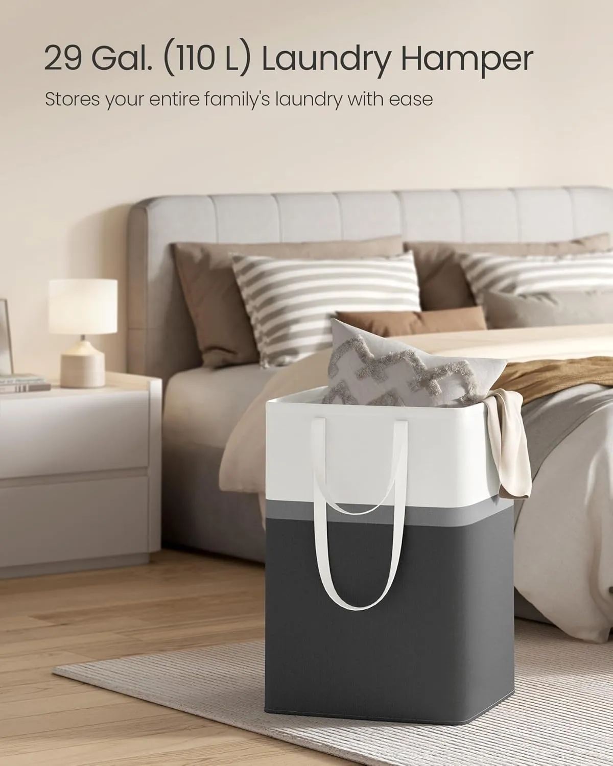 SONGMICS Set of 2 Laundry Basket, 110 L Foldable Laundry Hamper, Clothes Hamper Bag with Short and Long Handles, Easy to Transport and Clean, Freestanding, for Bedroom, Bathroom, Ink Black ULCB210B01