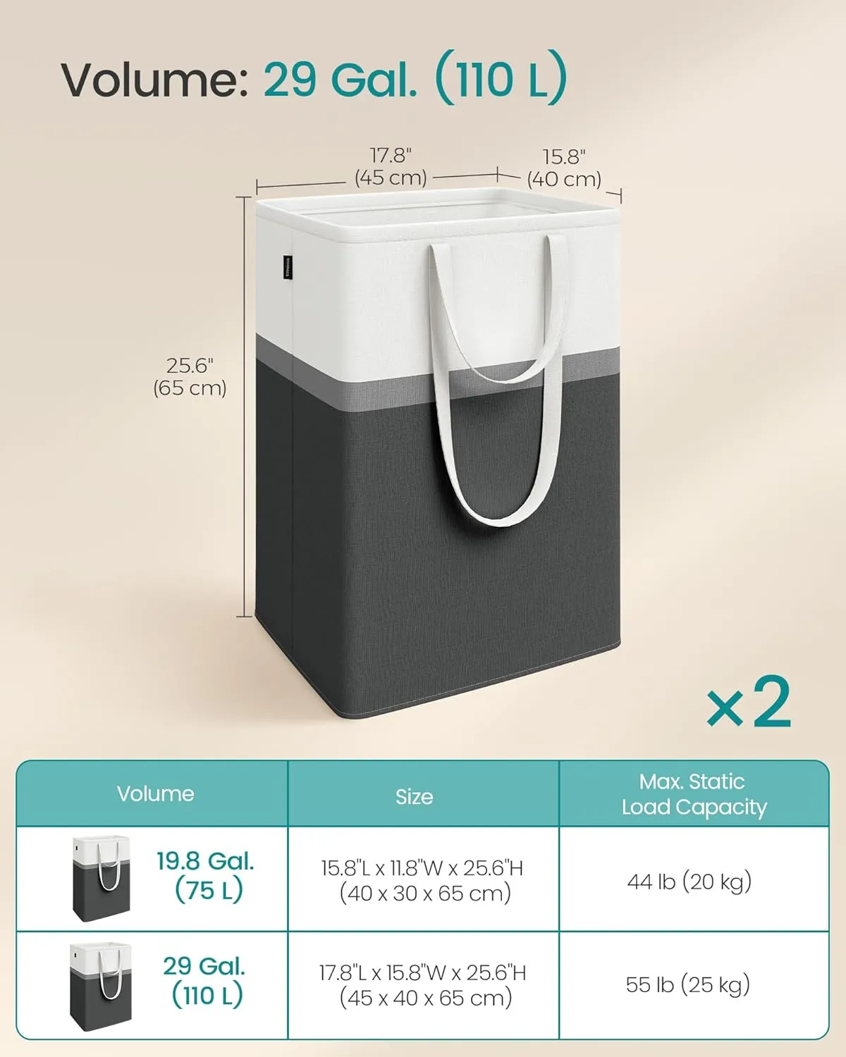 SONGMICS Set of 2 Laundry Basket, 110 L Foldable Laundry Hamper, Clothes Hamper Bag with Short and Long Handles, Easy to Transport and Clean, Freestanding, for Bedroom, Bathroom, Ink Black ULCB210B01