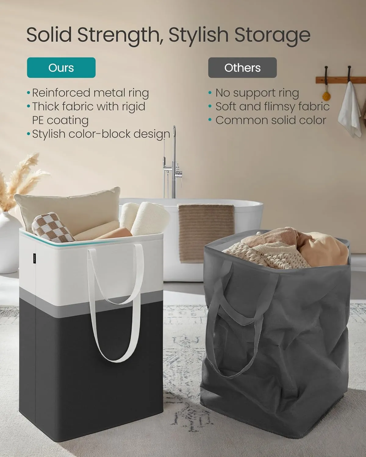 SONGMICS Set of 2 Laundry Basket, 110 L Foldable Laundry Hamper, Clothes Hamper Bag with Short and Long Handles, Easy to Transport and Clean, Freestanding, for Bedroom, Bathroom, Ink Black ULCB210B01