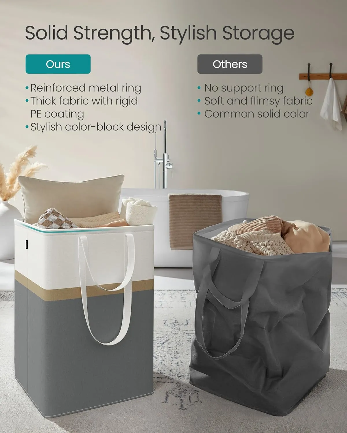 SONGMICS Set of 2 Laundry Basket, 110 L Foldable Laundry Hamper, Clothes Hamper Bag with Short and Long Handles, Easy to Transport and Clean, Freestanding, for Bedroom, Bathroom, Slate Gray ULCB210G01